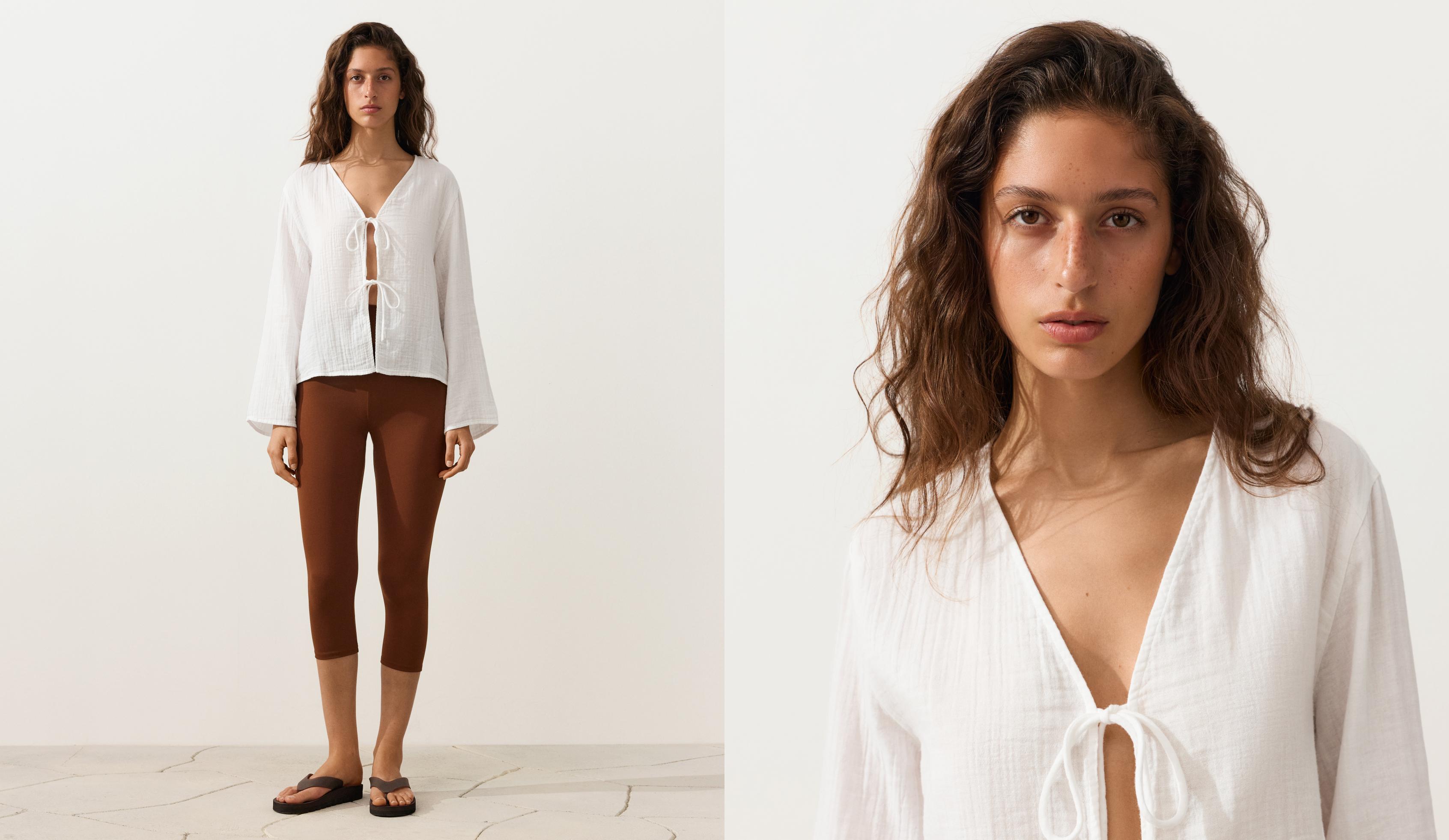 100% cotton gauze long-sleeved tie-front shirt — WHITE