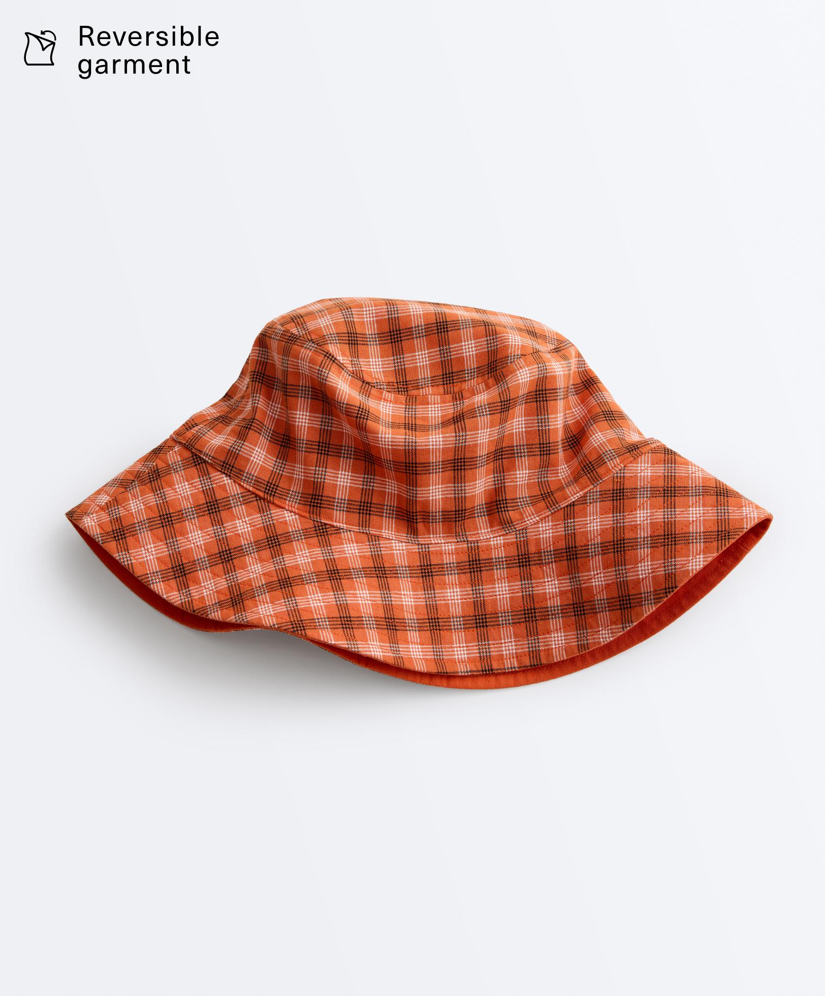 Reversible cotton blend check bucket hat — BRIGHT ORANGE