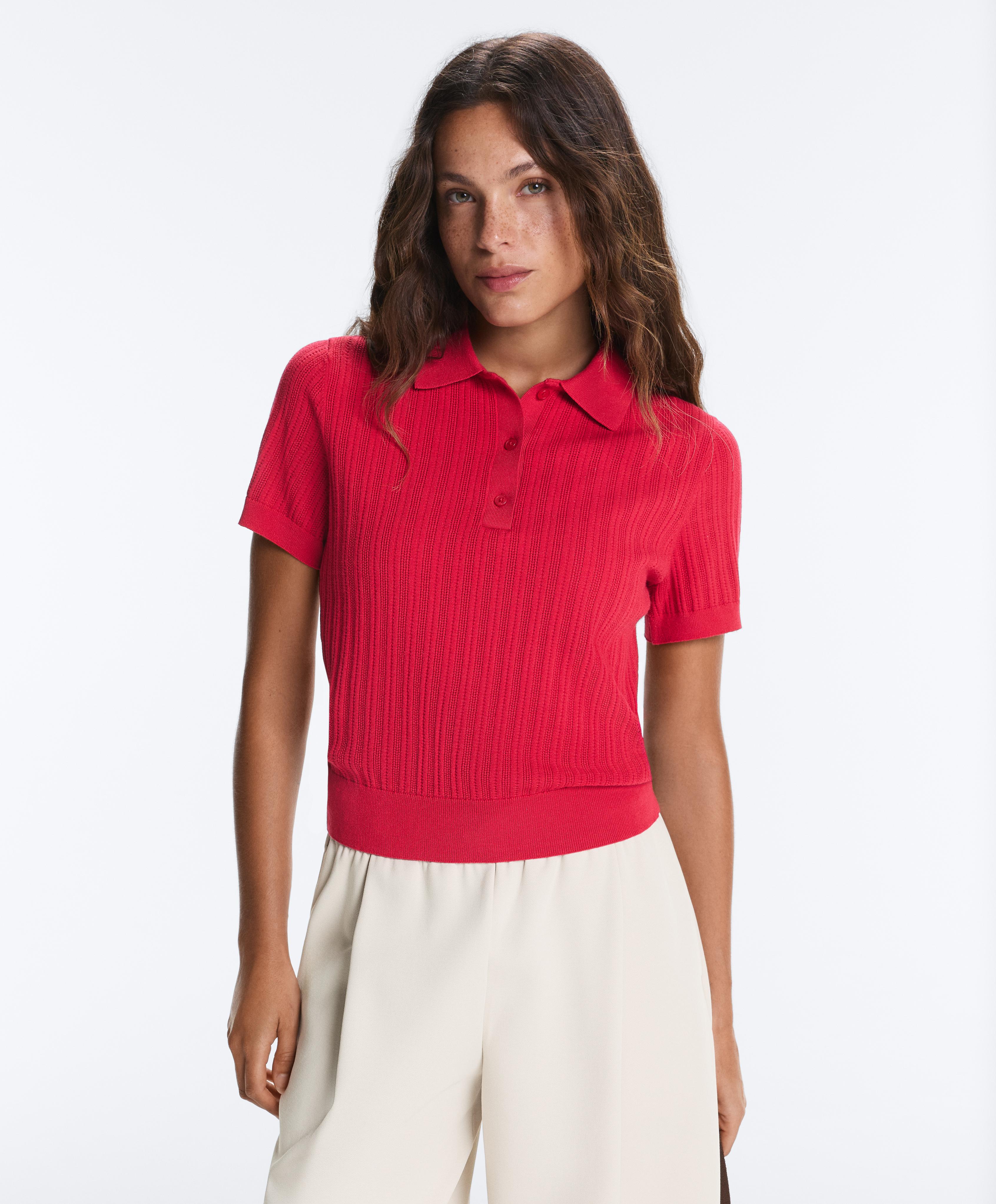 Short sleeve open knit polo shirt — RED