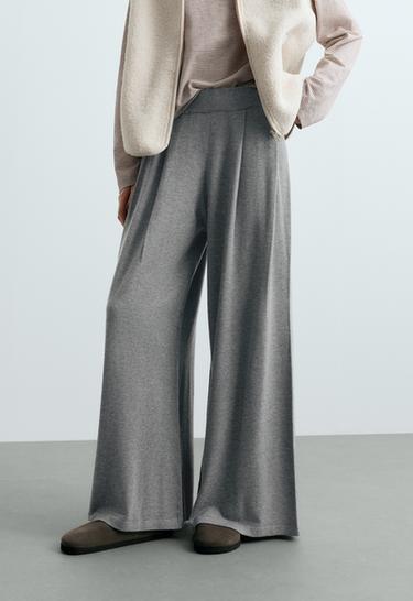 Wide-leg pleated knit trousers — GREY MELANGE 2