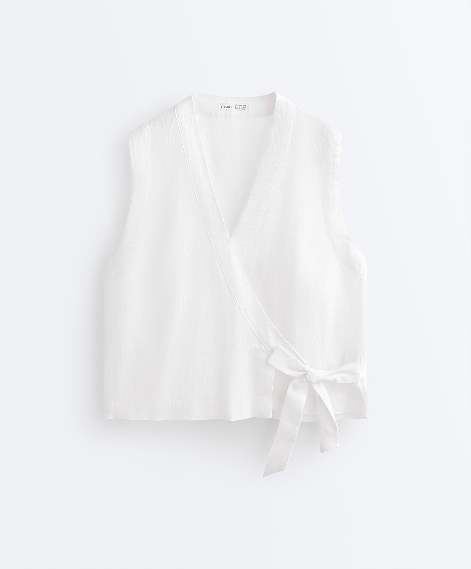 100% linen crossover top with tie fastening — WHITE 