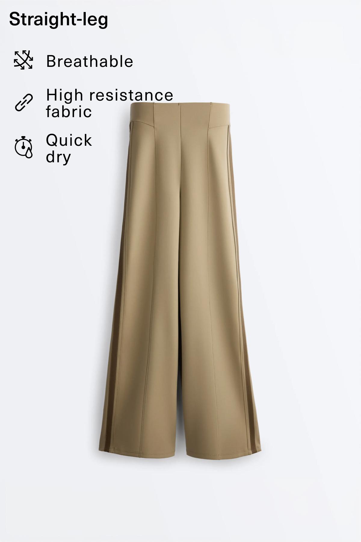 High rise neoprene-effect straight-leg trousers with piping — GREEN BEIGE