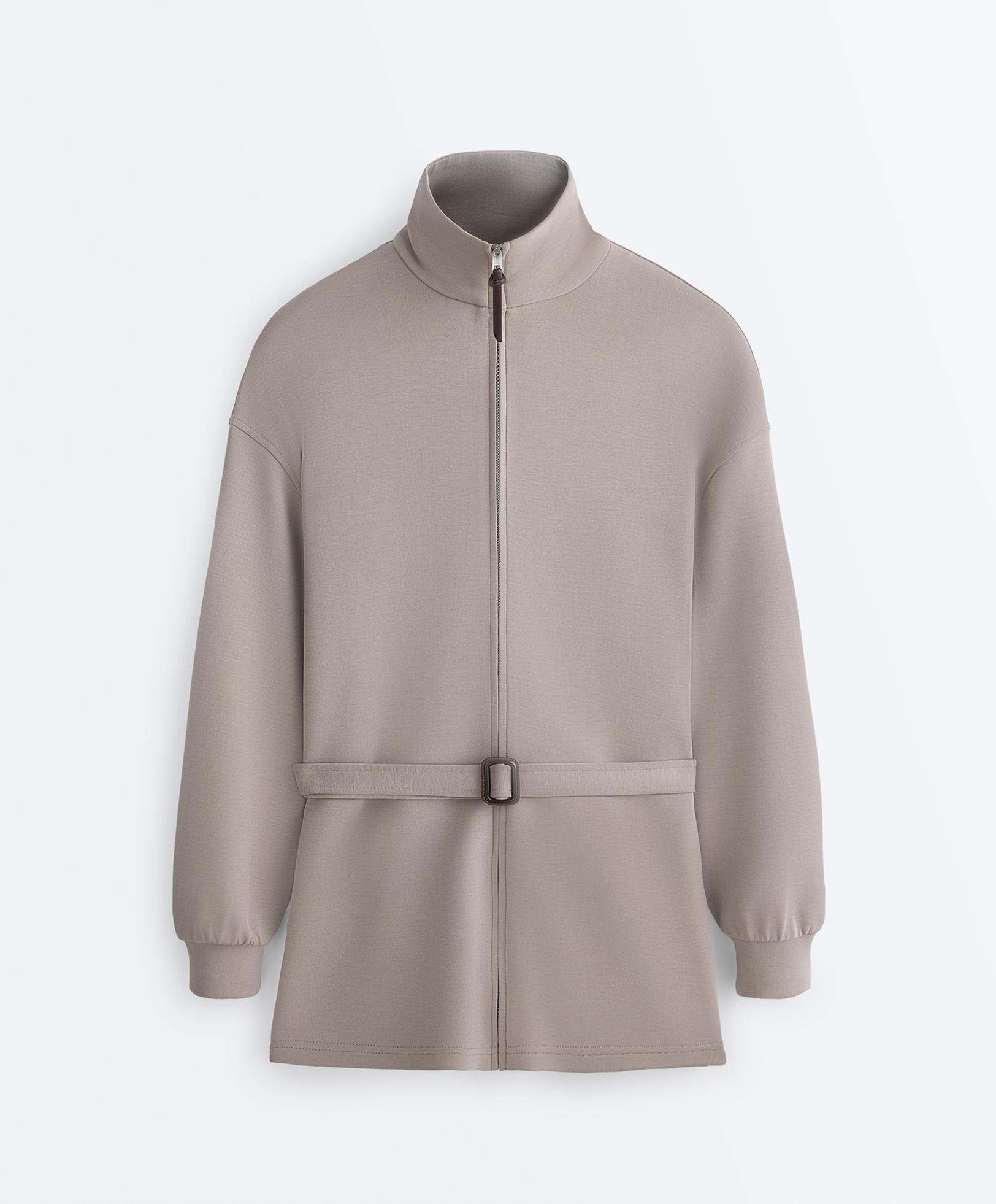 Long corset jacket with soft-touch modal belt — PALE TAUPE