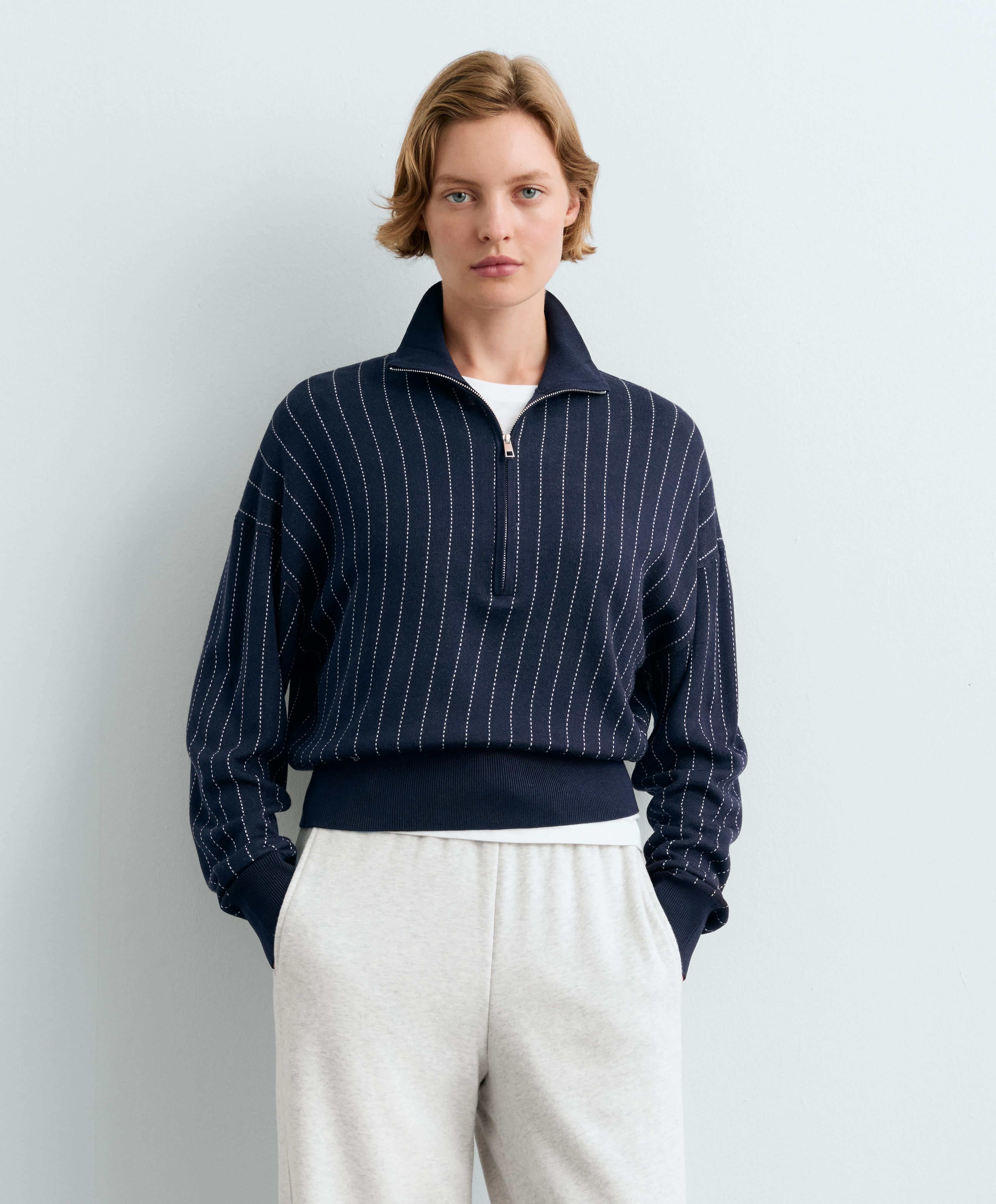 Pinstripe half-zip knit jumper — NAVY BLUE