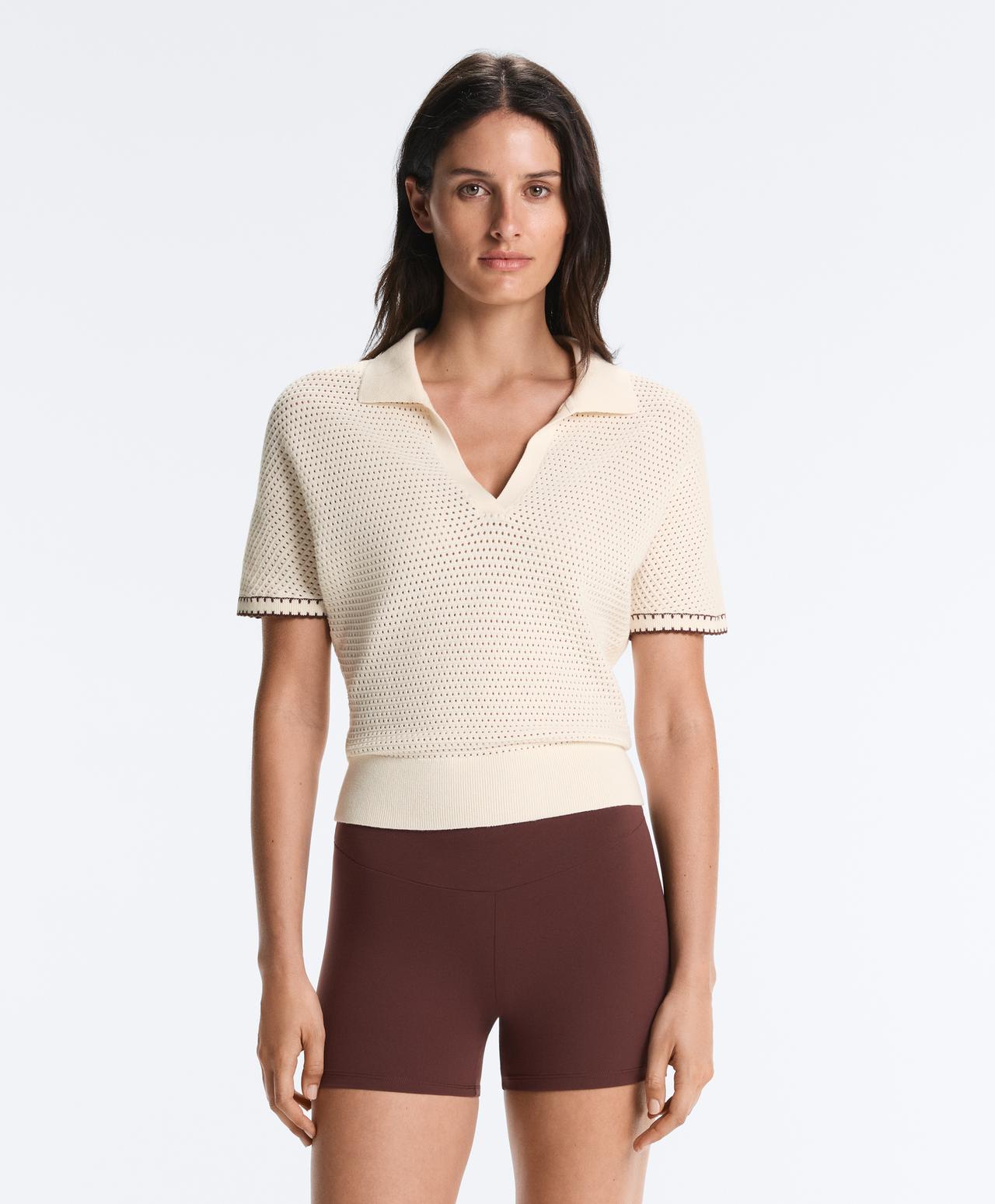 Cotton blend openwork knit polo — PALE ECRU