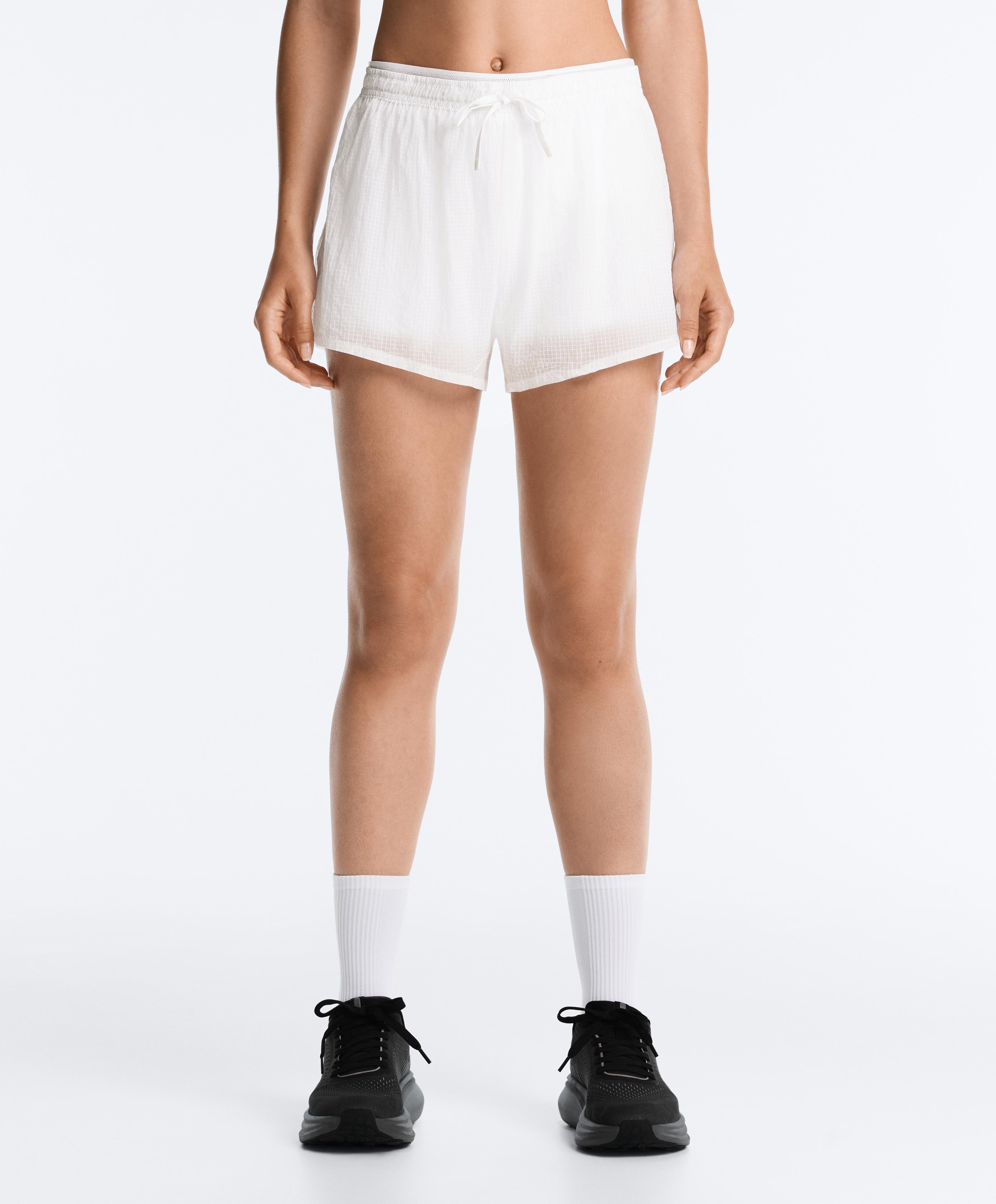 Technical 2-in-1 checked mid-rise shorts — WHITE