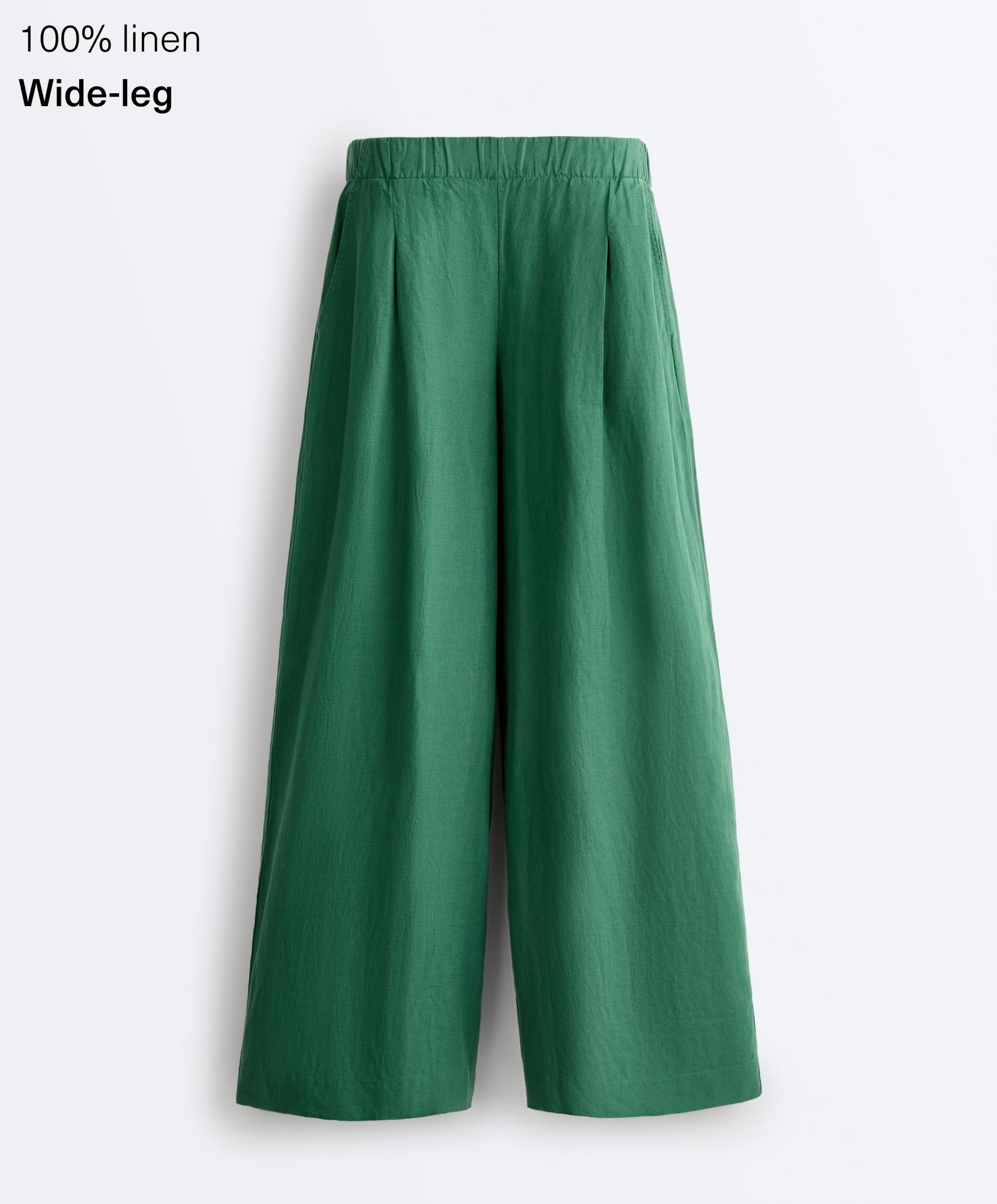 100% linen wide-leg trousers — EMERALD GREEN