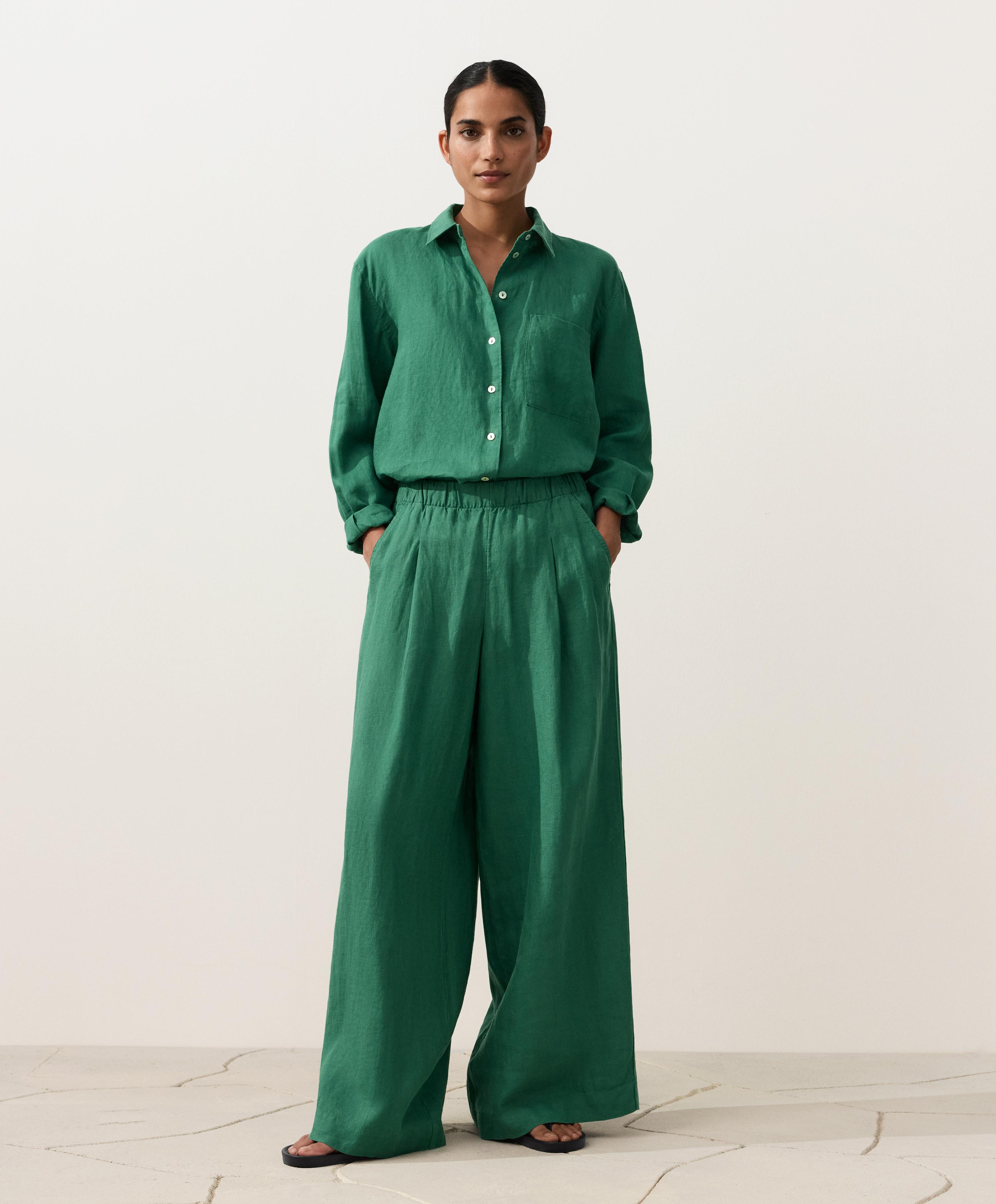 100% linen relaxed shirt — EMERALD GREEN