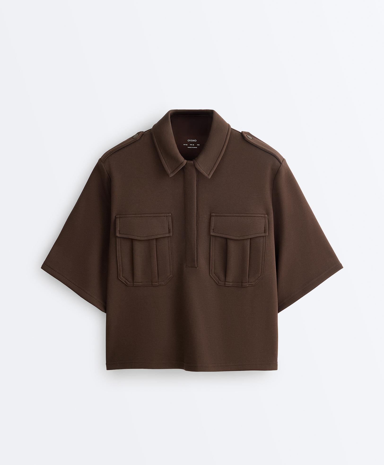 Utility short-sleeve sweatshirt with cotton piqué — DARK BROWN