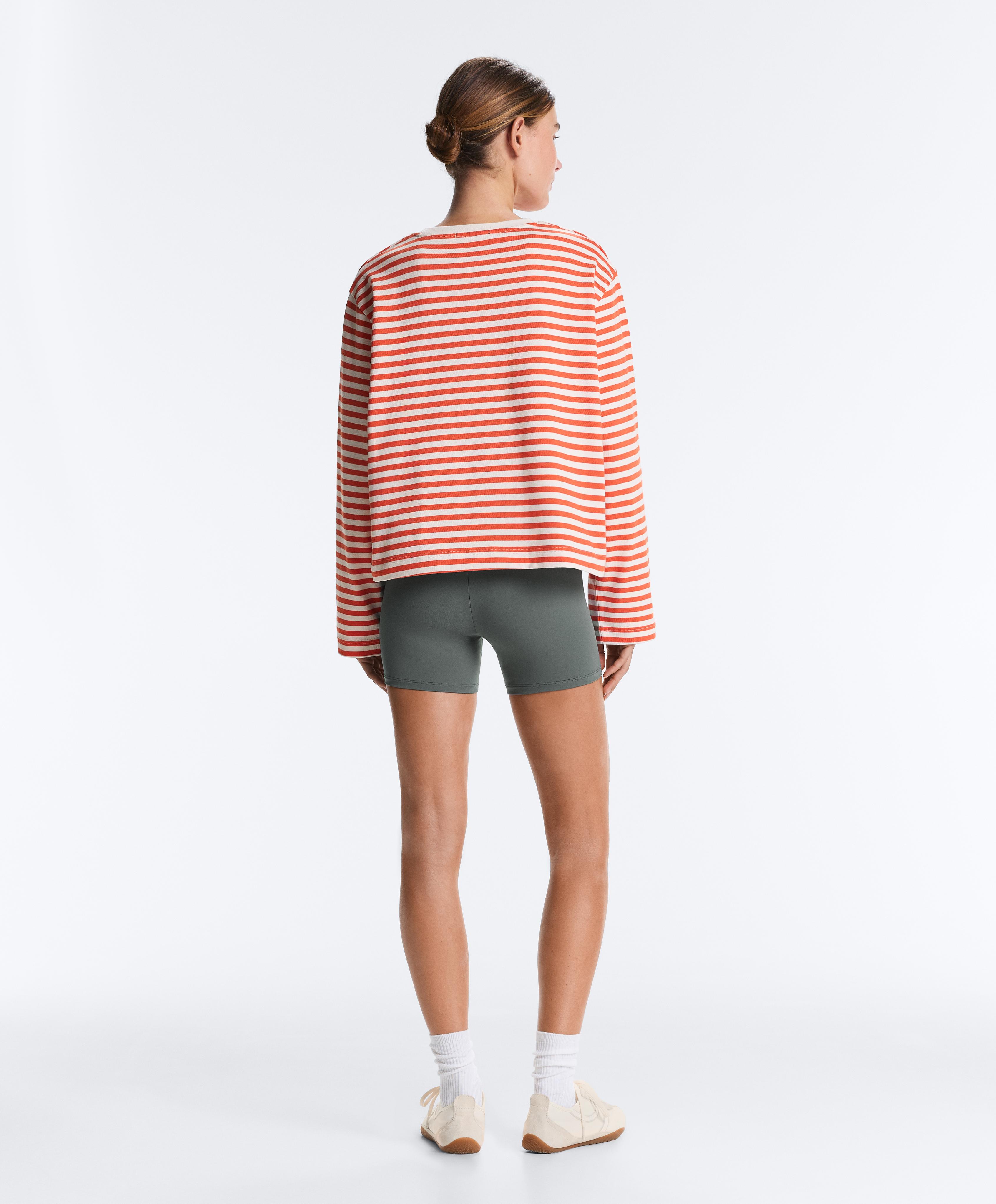 Boxy long-sleeved stripe 100% cotton T-shirt — BRIGHT ORANGE