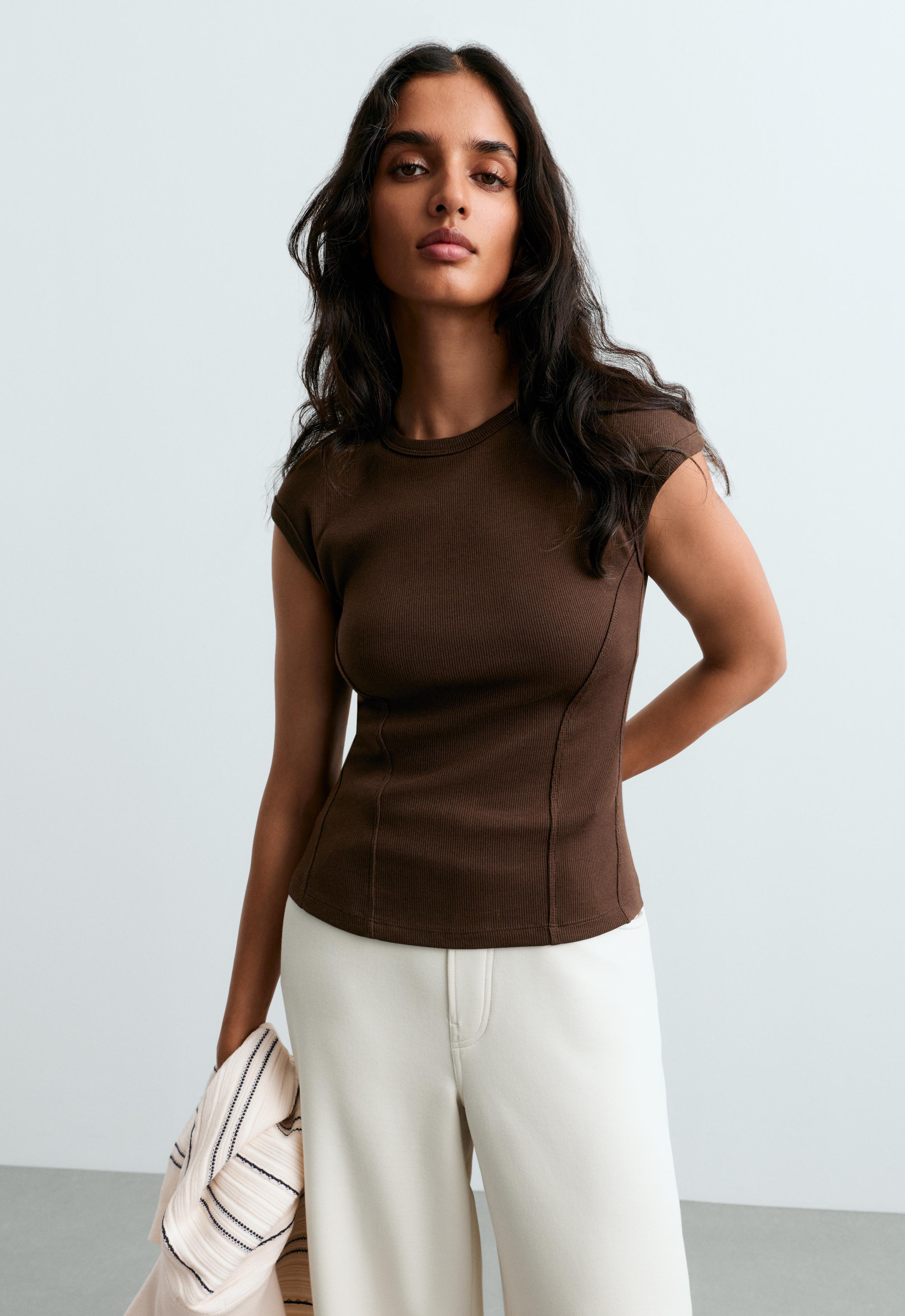Short-sleeved rib top with cotton and modal — DARK BROWN