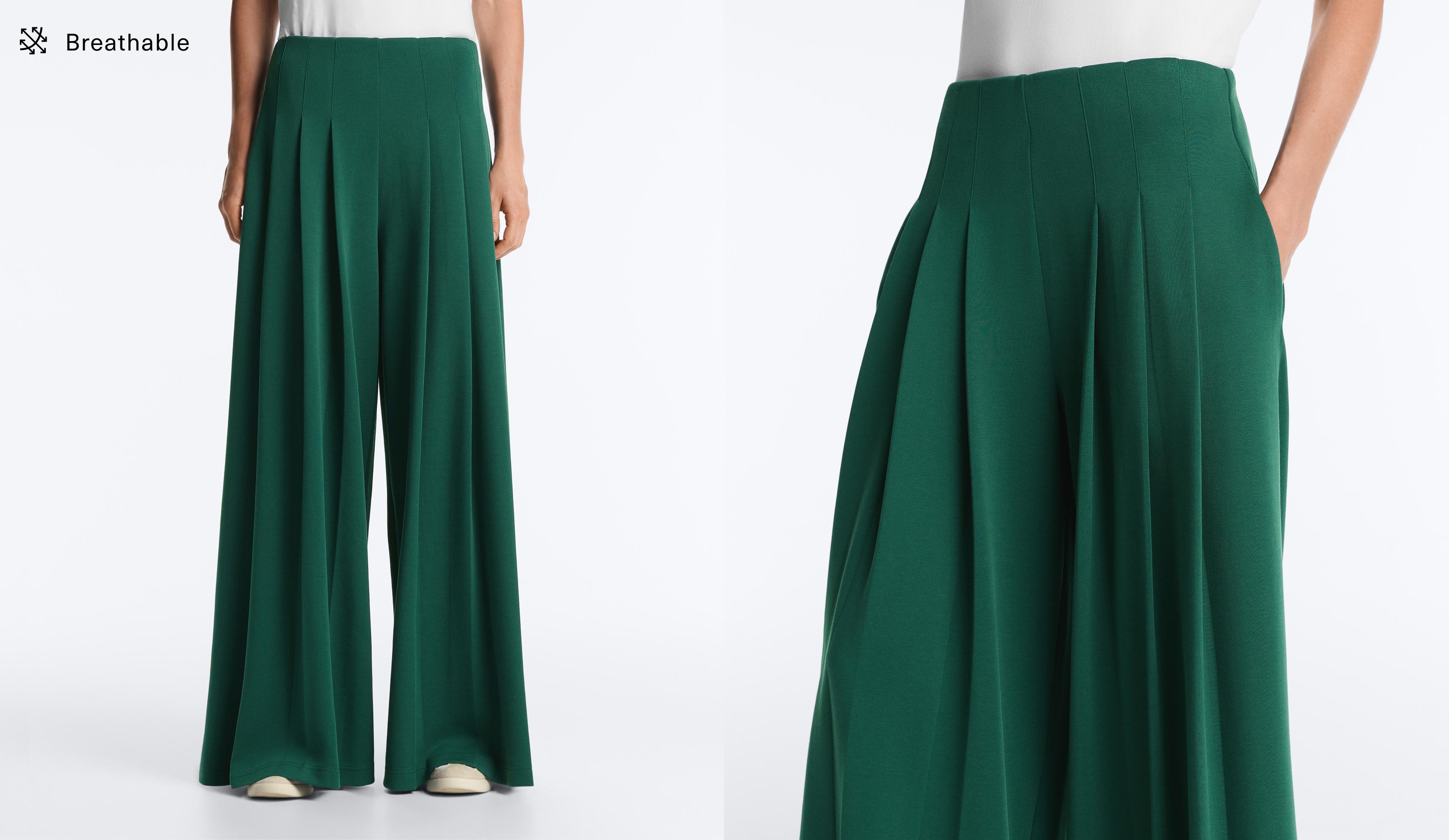 Cotton wide-leg pique trousers with pleats — DARK EMERALD