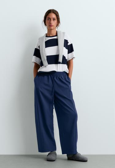 Boxy cotton-blend T-shirt with wide stripes — NAVY BLUE 1
