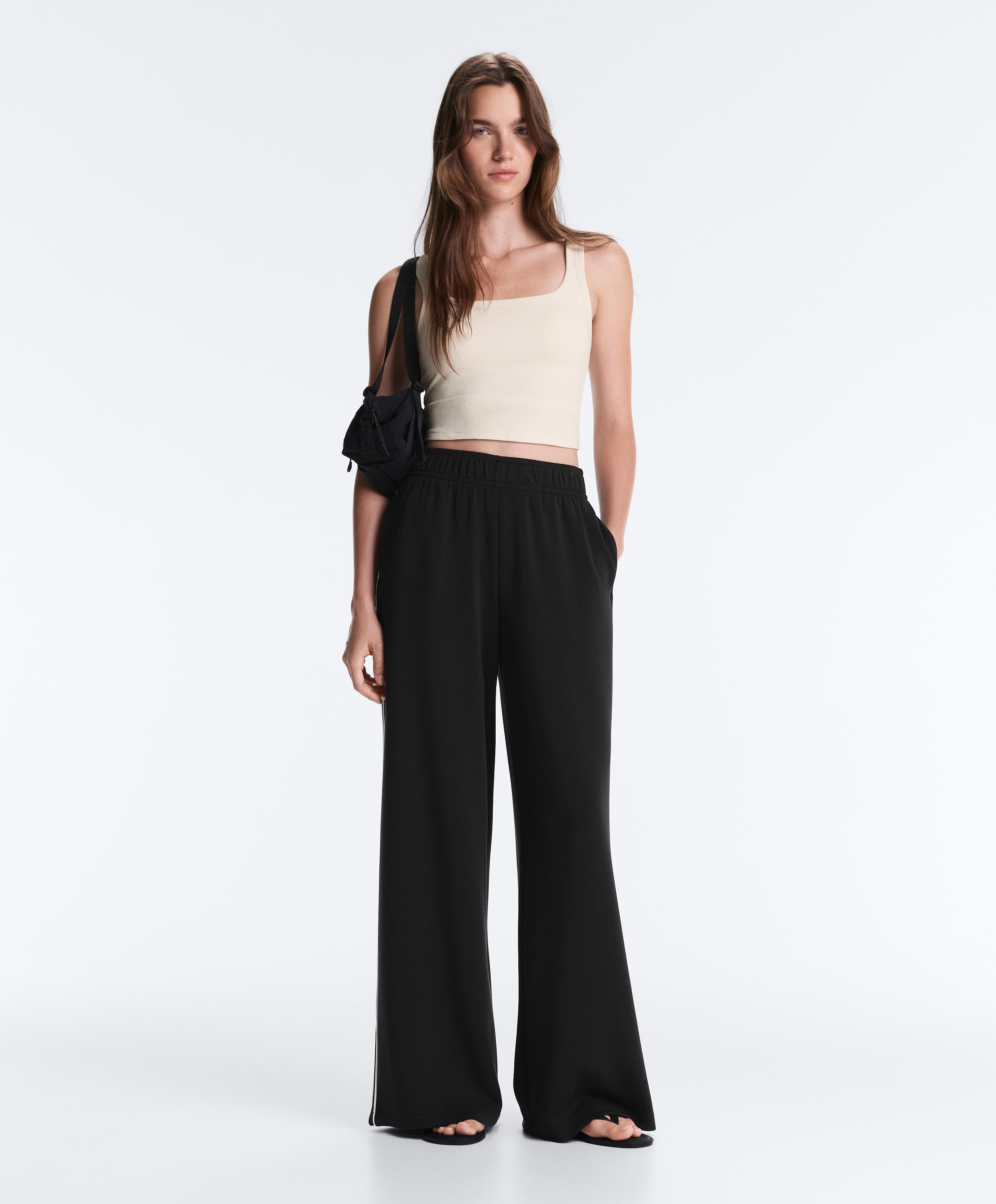 Wide-leg modal piping trousers — BLACK