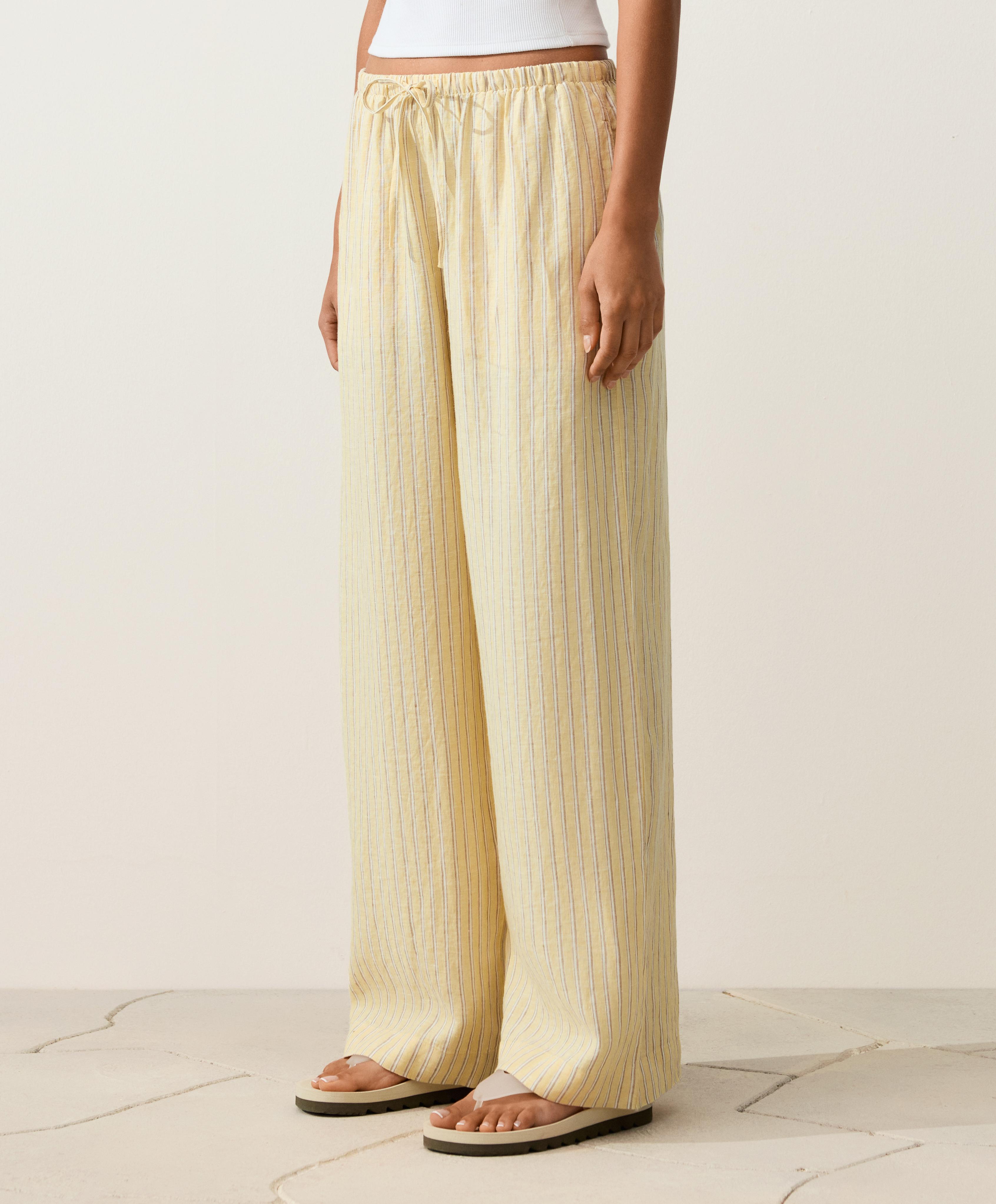 100% linen straight-leg print stripe trousers — SOFT YELLOW