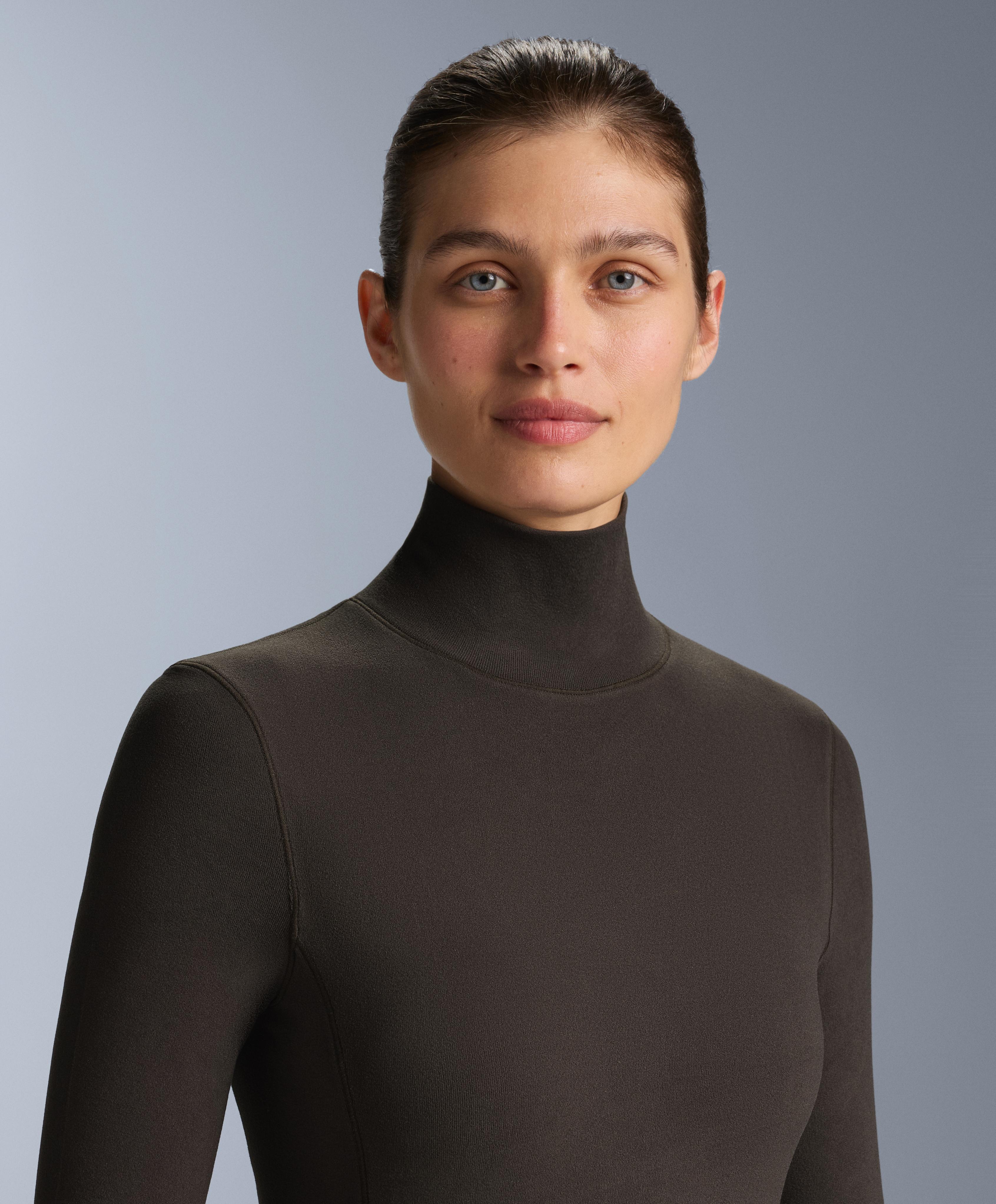 High-neck thermal base layer fleece top — DARK BROWN