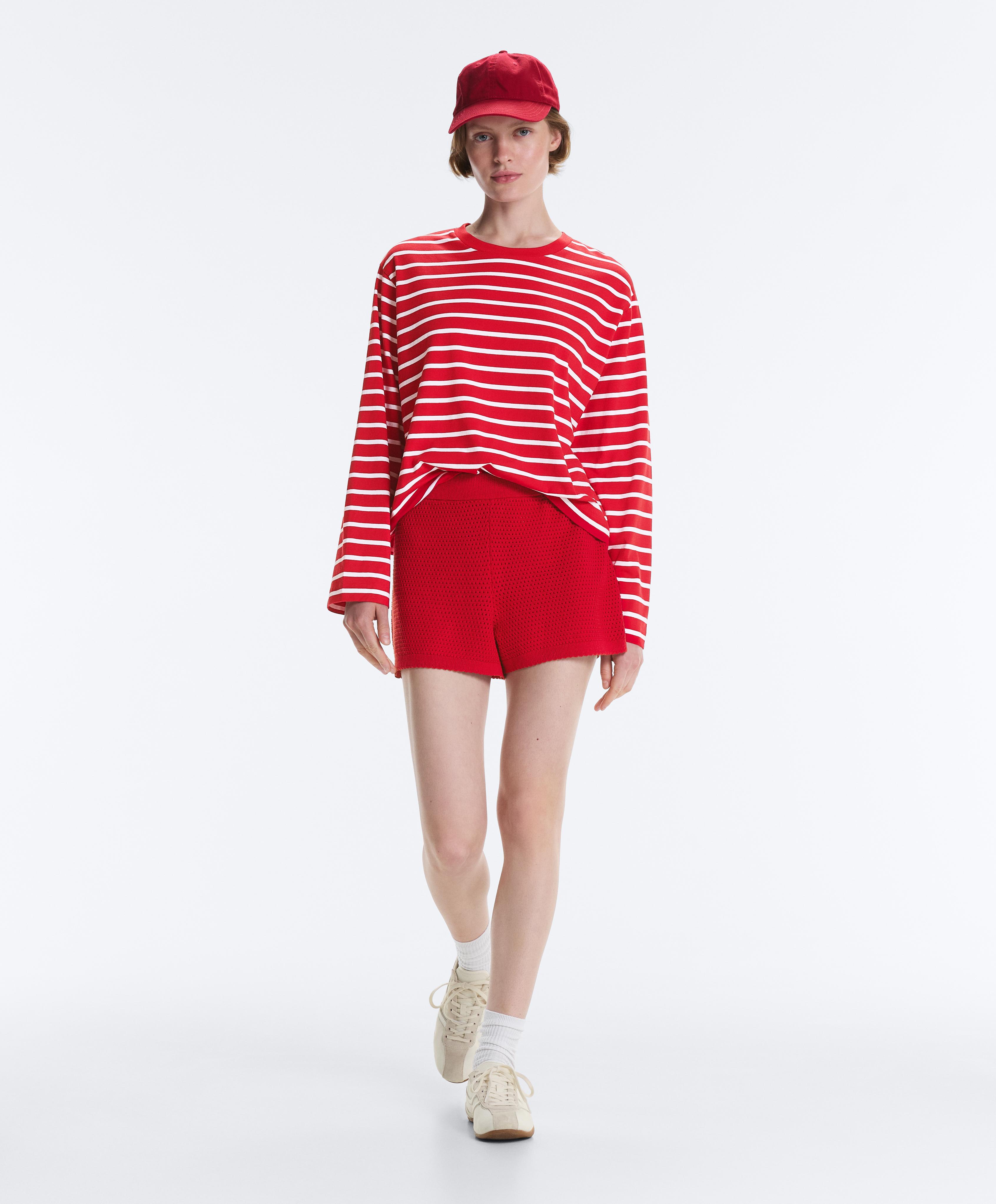 Boxy long-sleeved striped cotton-blend T-shirt — RED