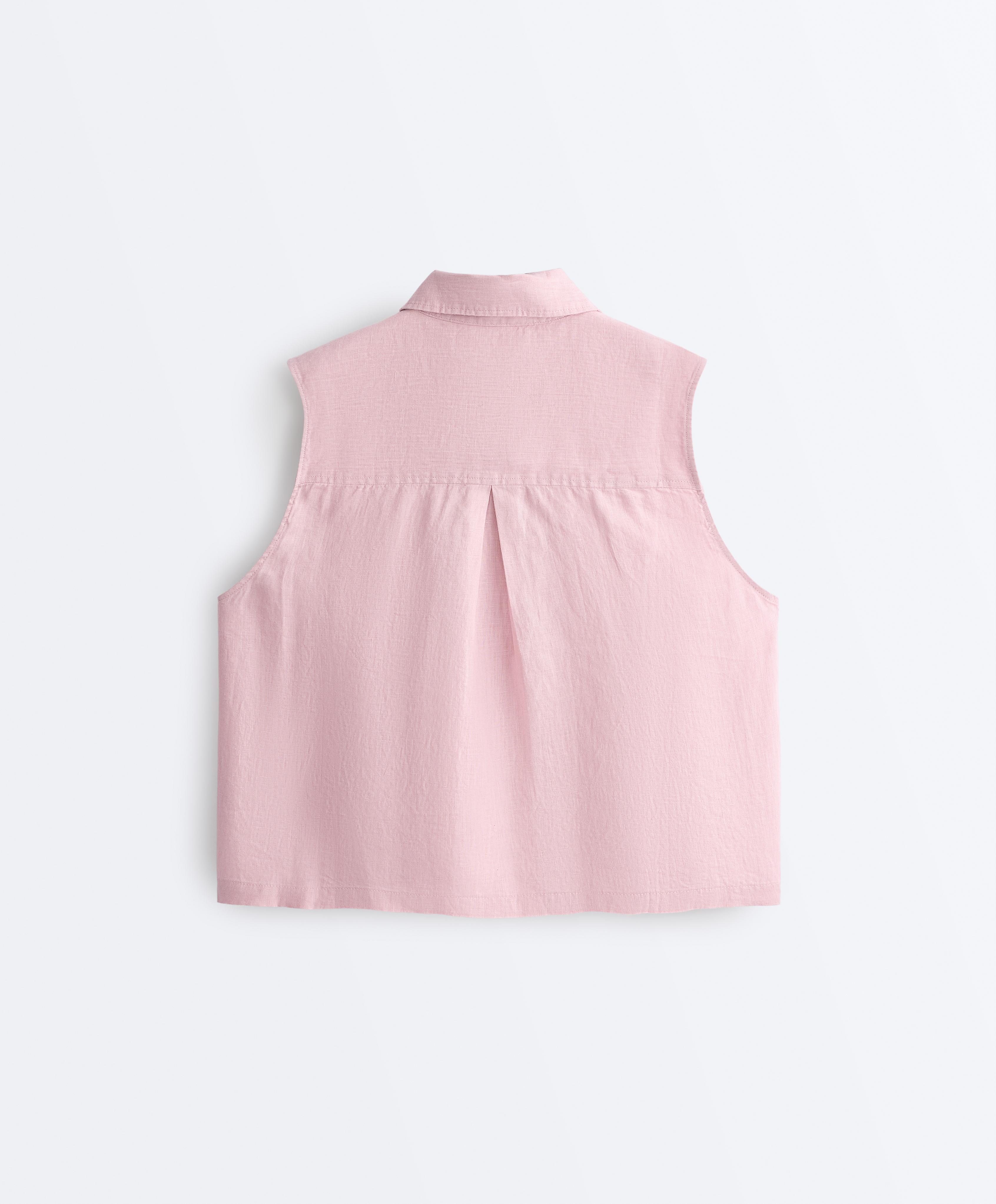 Sleeveless cropped 100% linen shirt — DUSTY PINK