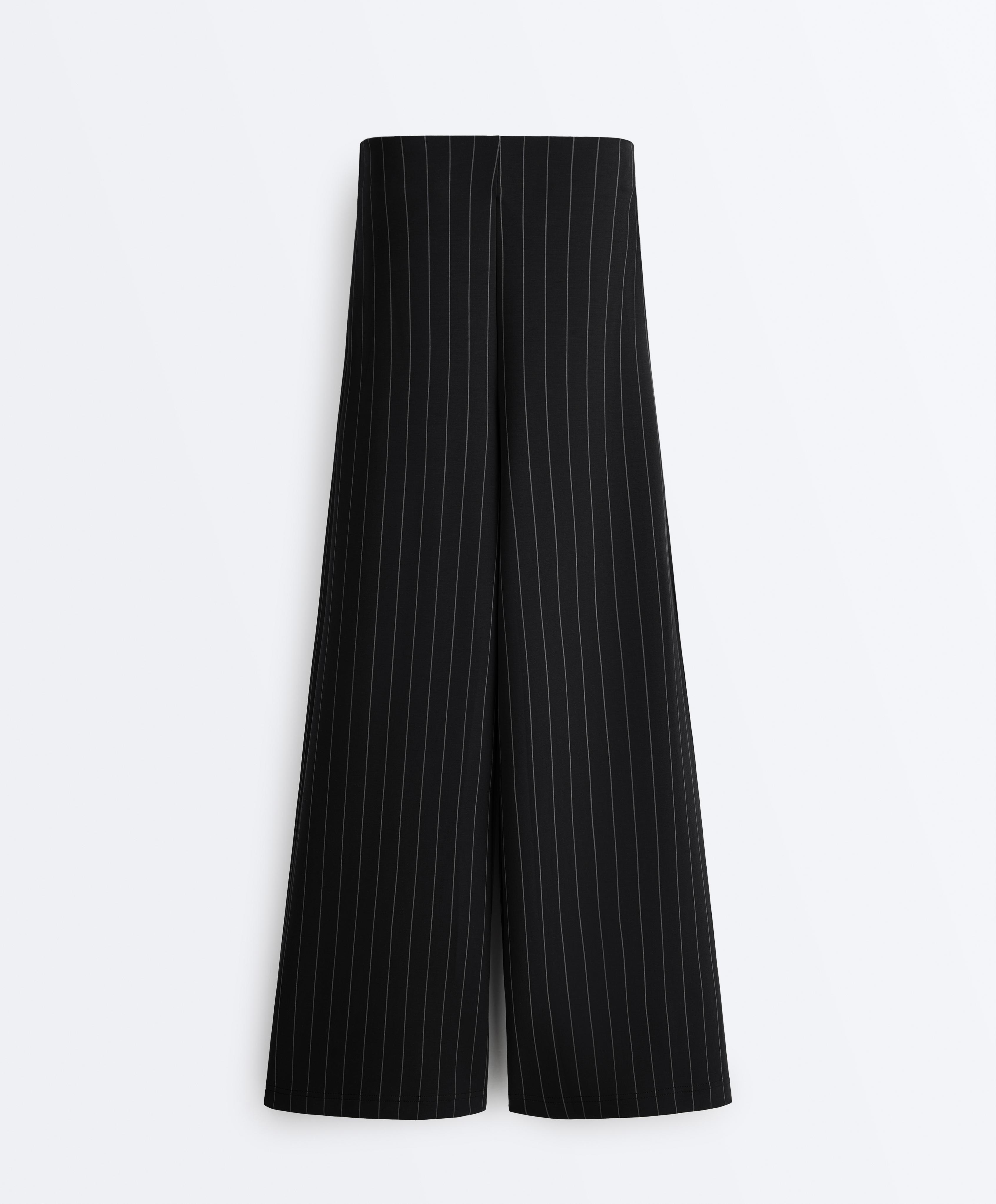 Soft touch pinstripe wide leg high rise trousers — BLACK