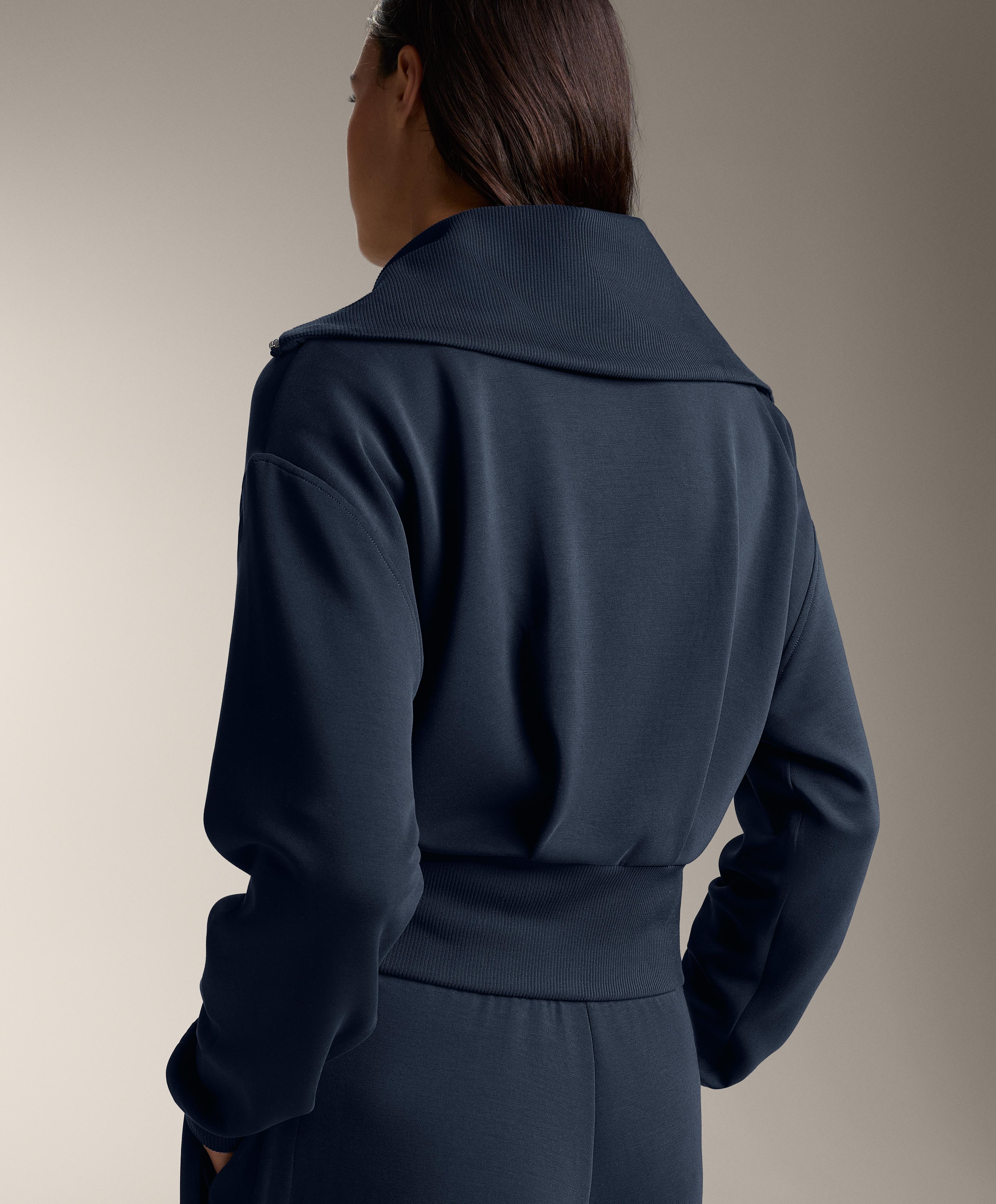 Fitted waist knit collar jacket with modal — NAVY BLUE