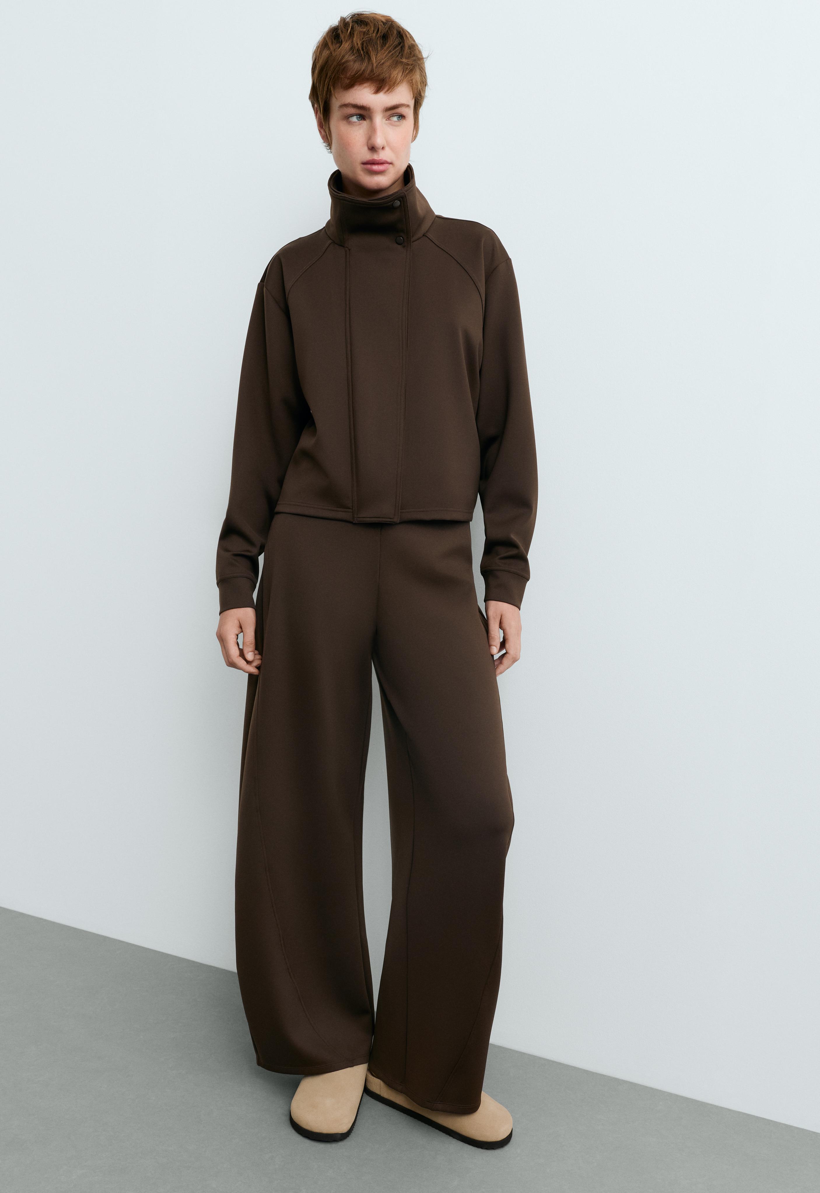 High-waisted neoprene-effect cocoon trousers — BROWN