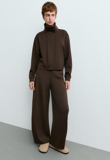 High-waisted neoprene-effect cocoon trousers — BROWN 5