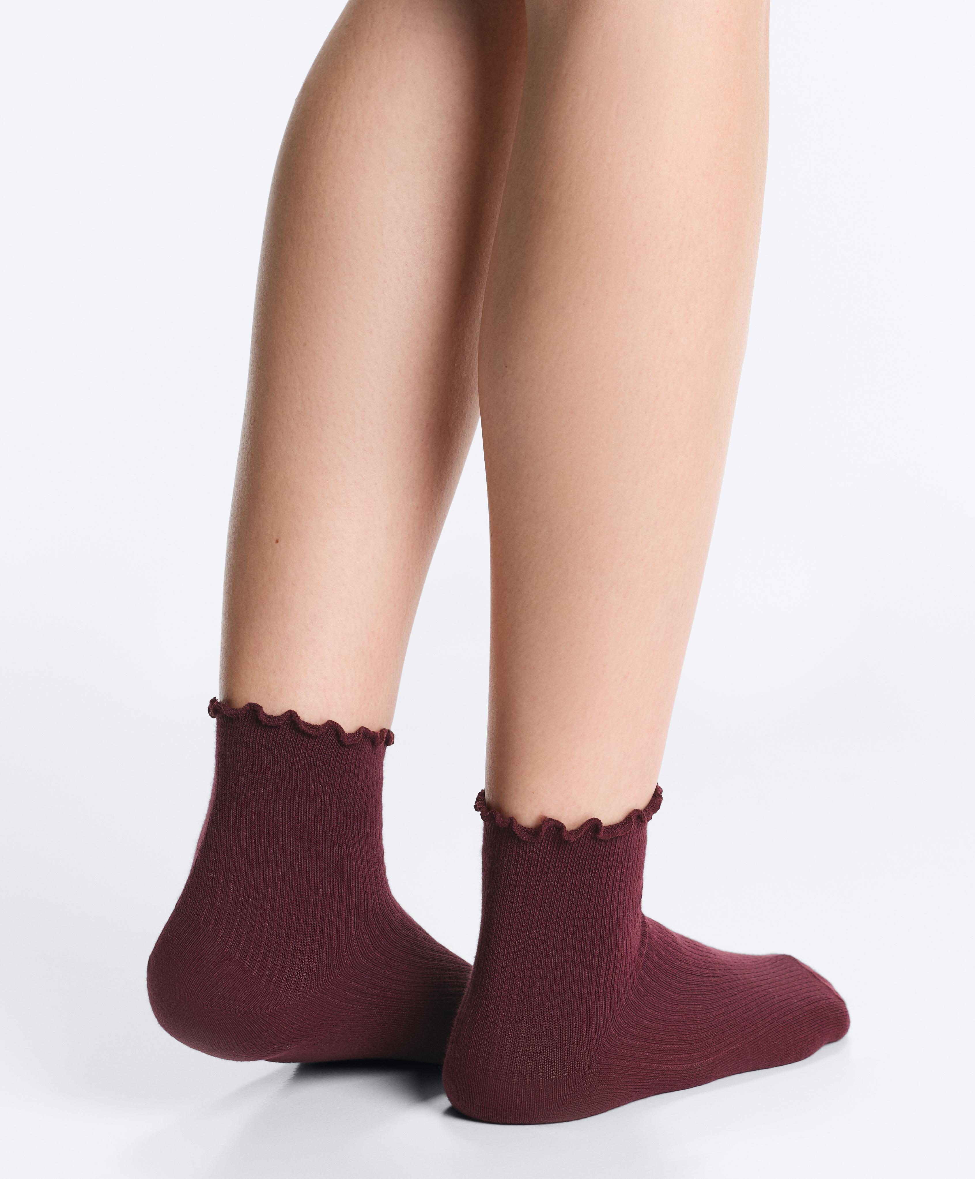 3 pairs of cotton blend quarter socks with curled edge — PLUM