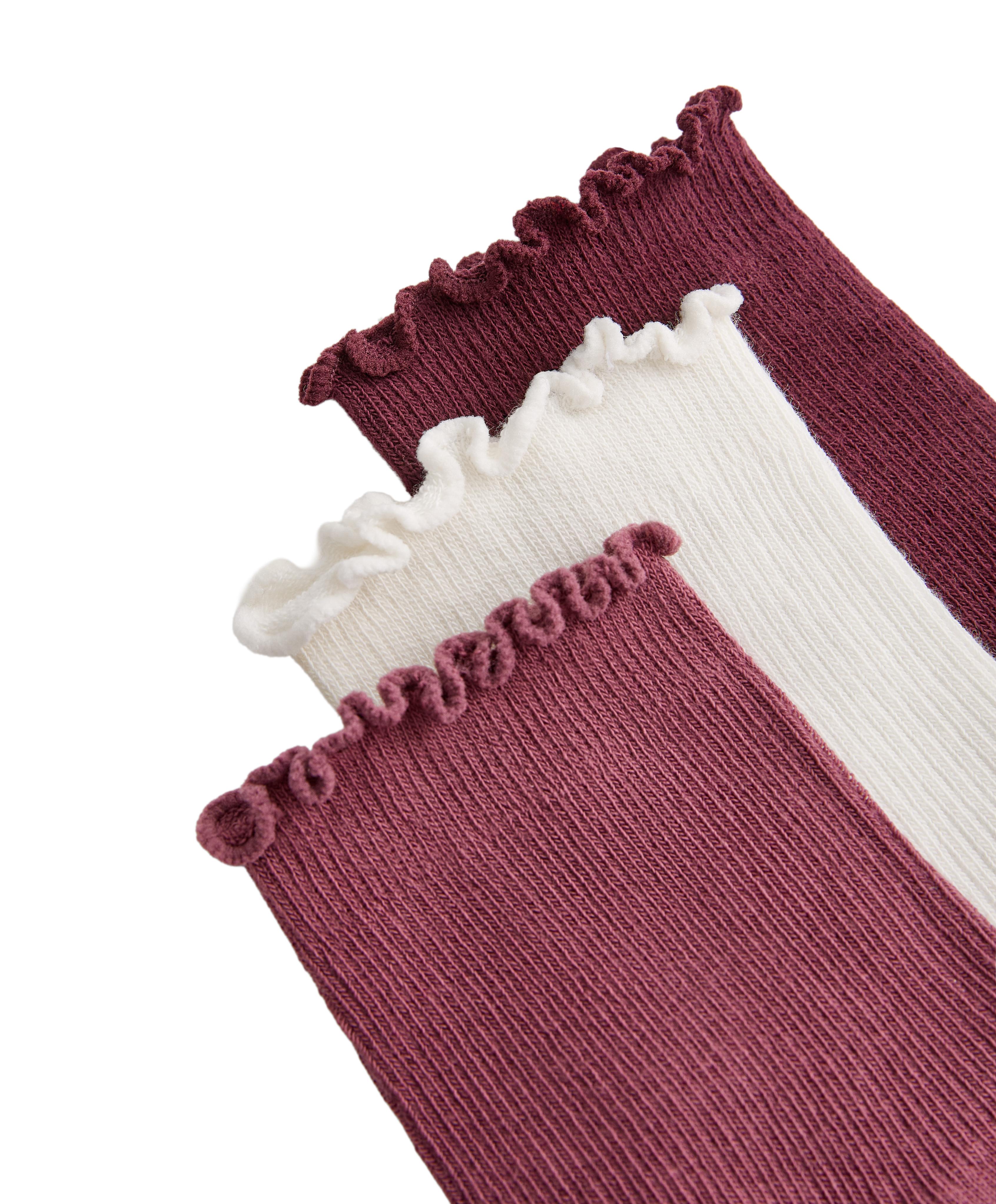 3 pairs of cotton blend quarter socks with curled edge — PLUM