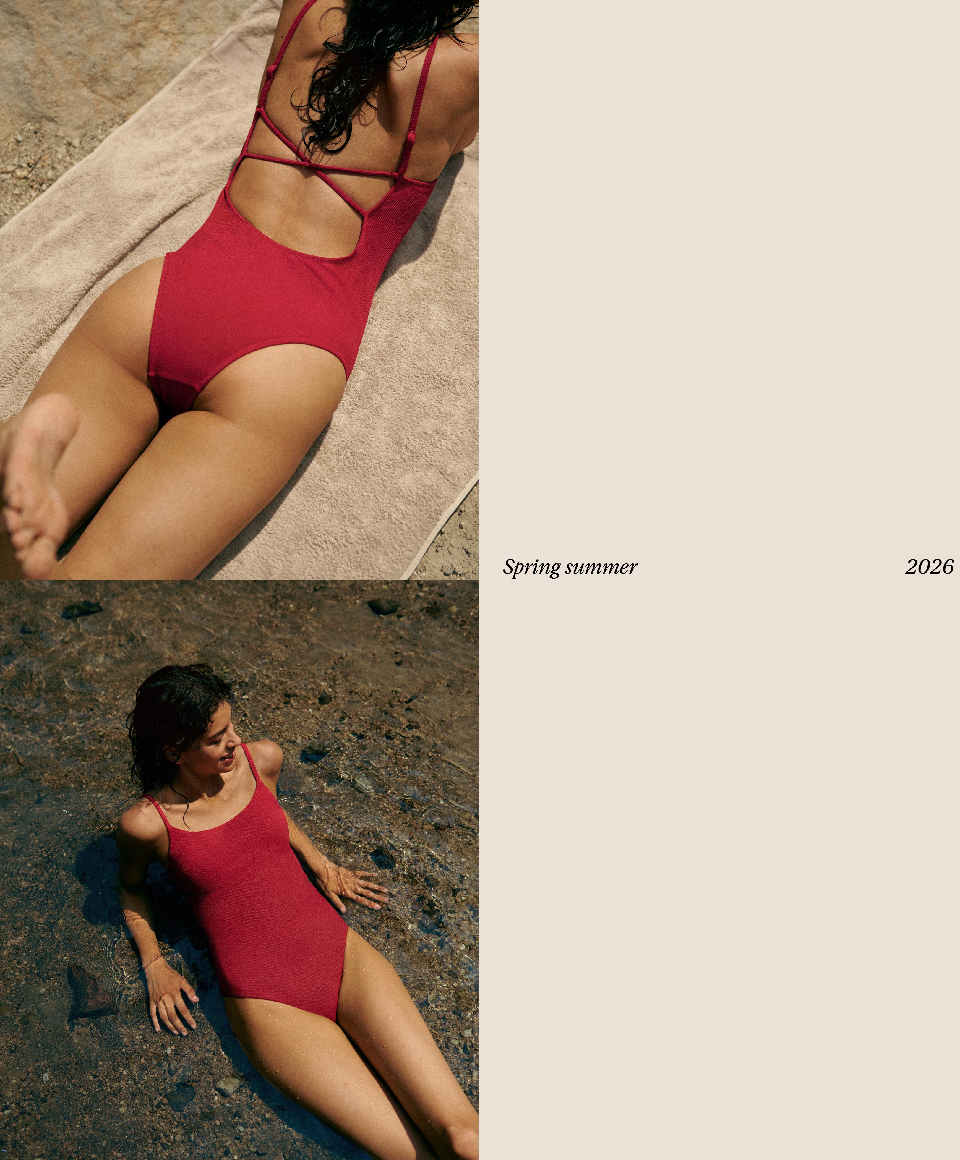 Piqué round neck swimsuit — BRIGHT RED