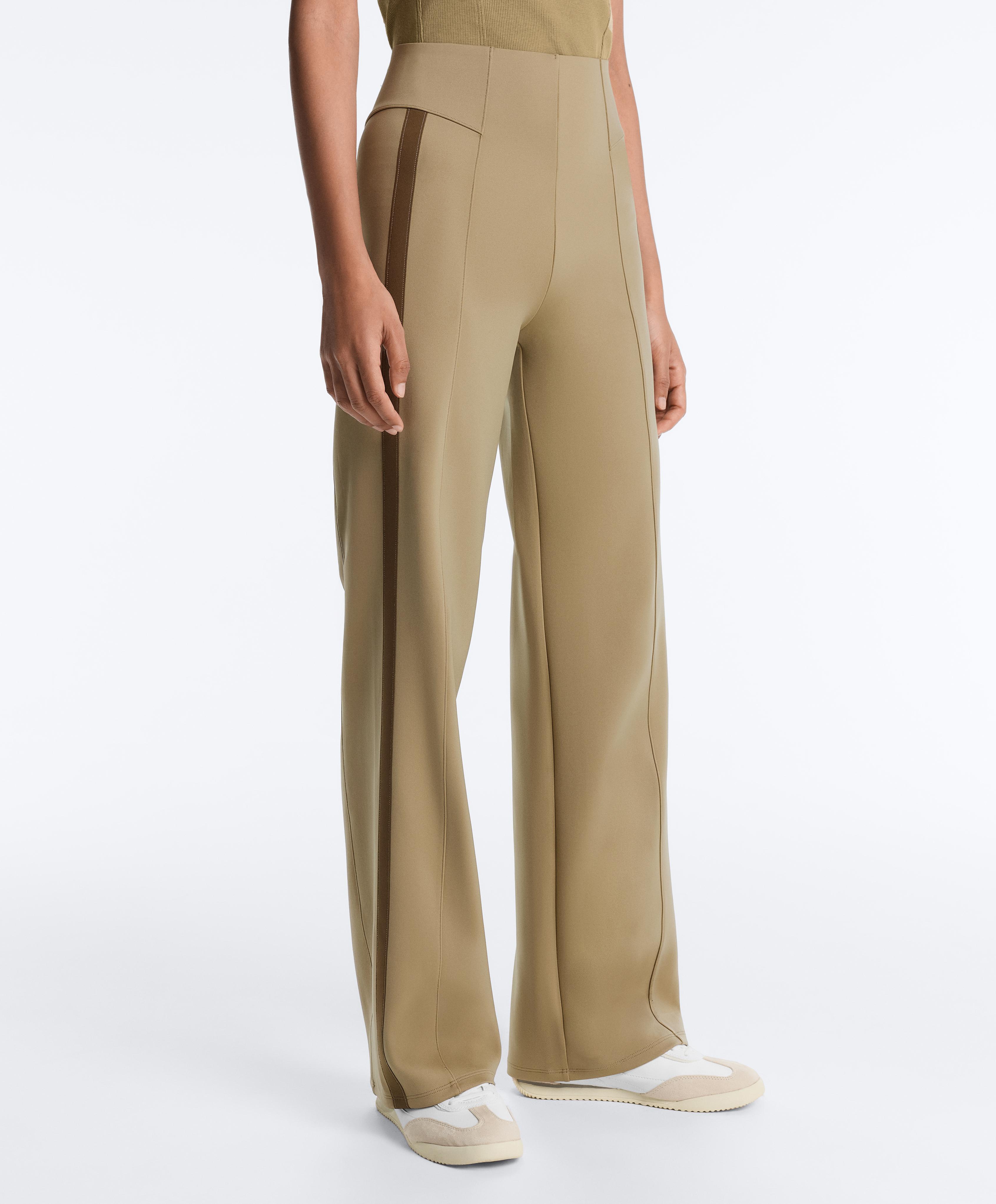 High rise neoprene-effect straight-leg trousers with piping — GREEN BEIGE