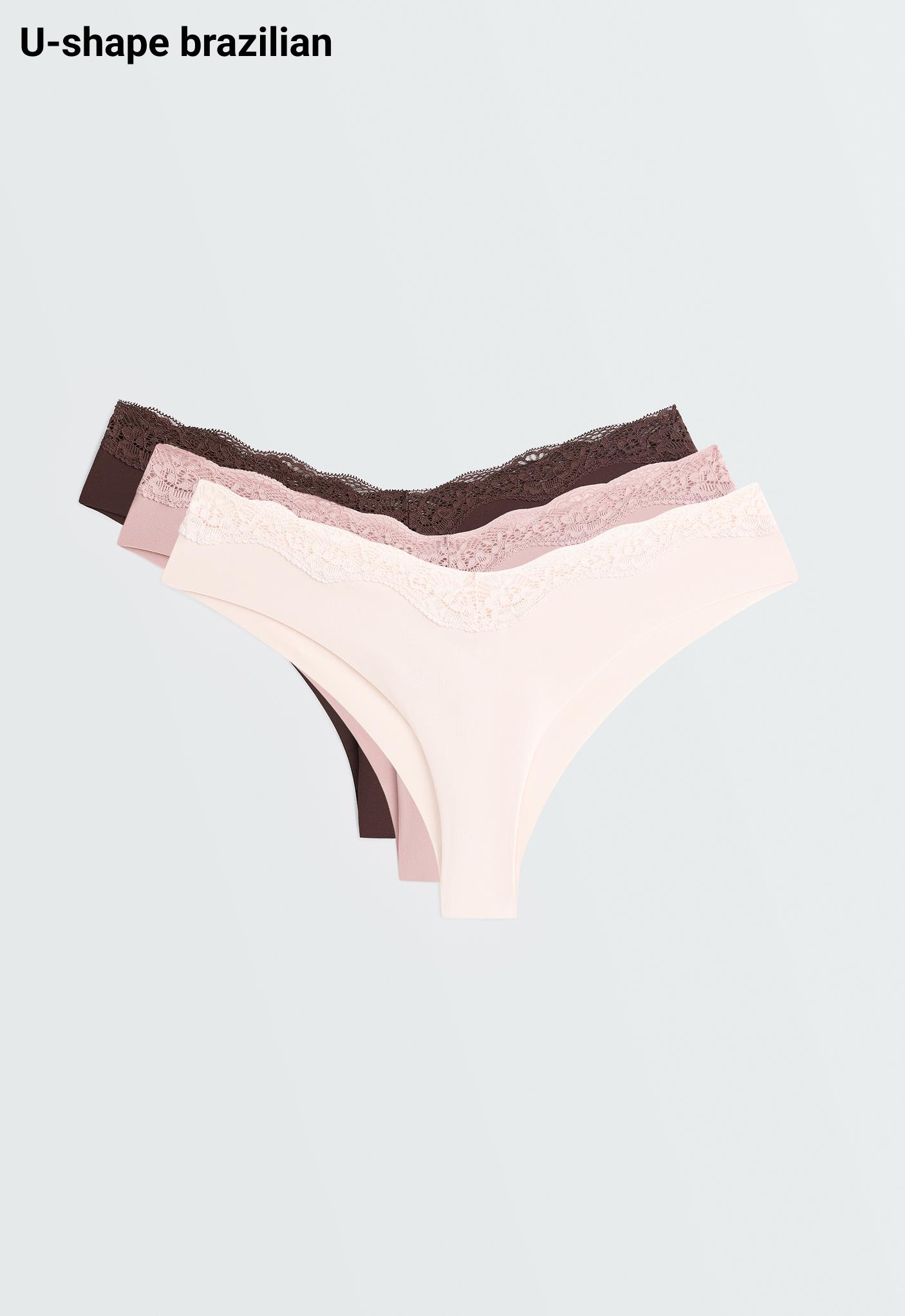 3 laser-cut polyamide blend lace Brazilian briefs — CHOCOLATE