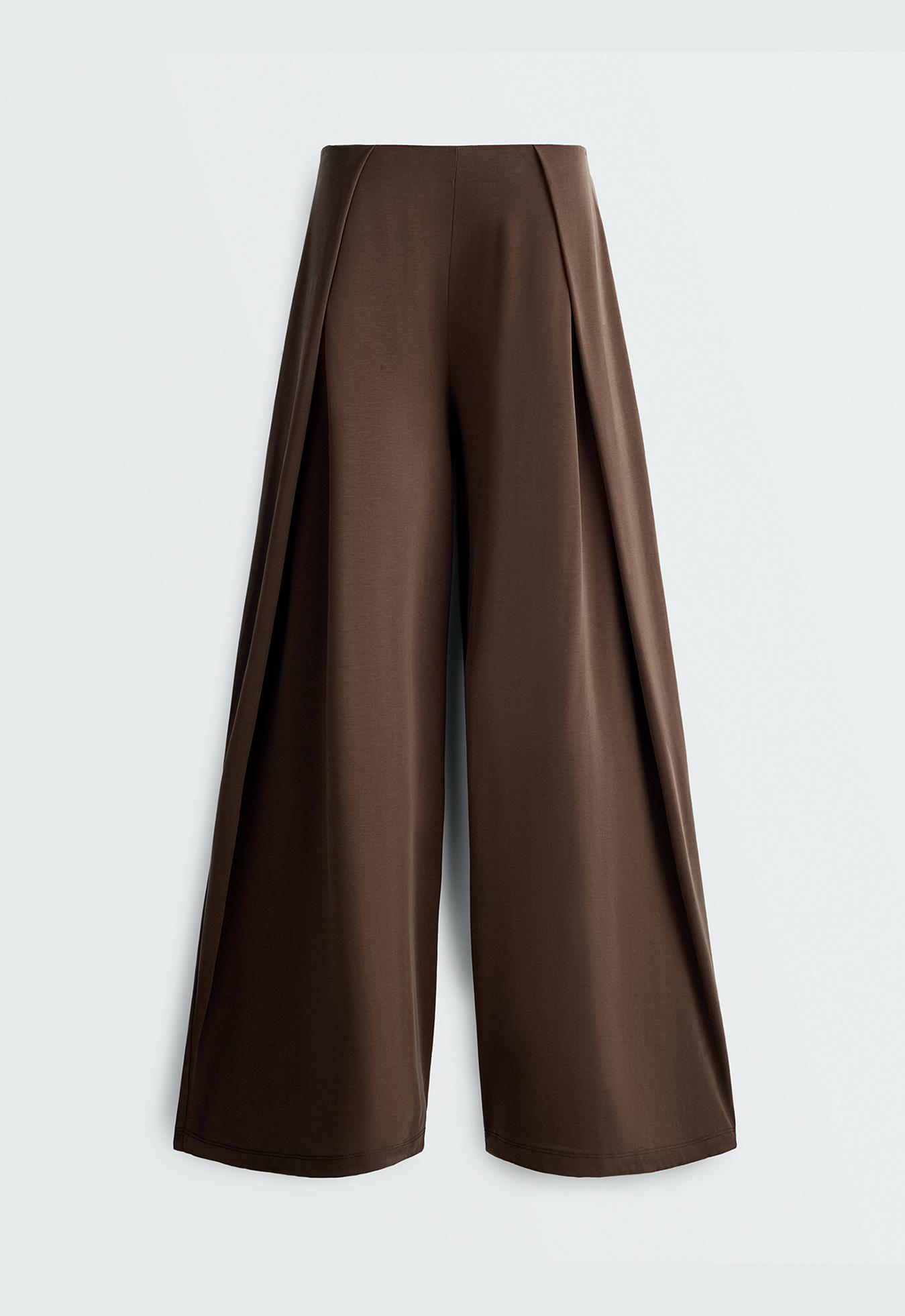 Modal blend straight-leg trousers with side pleat — DARK BROWN