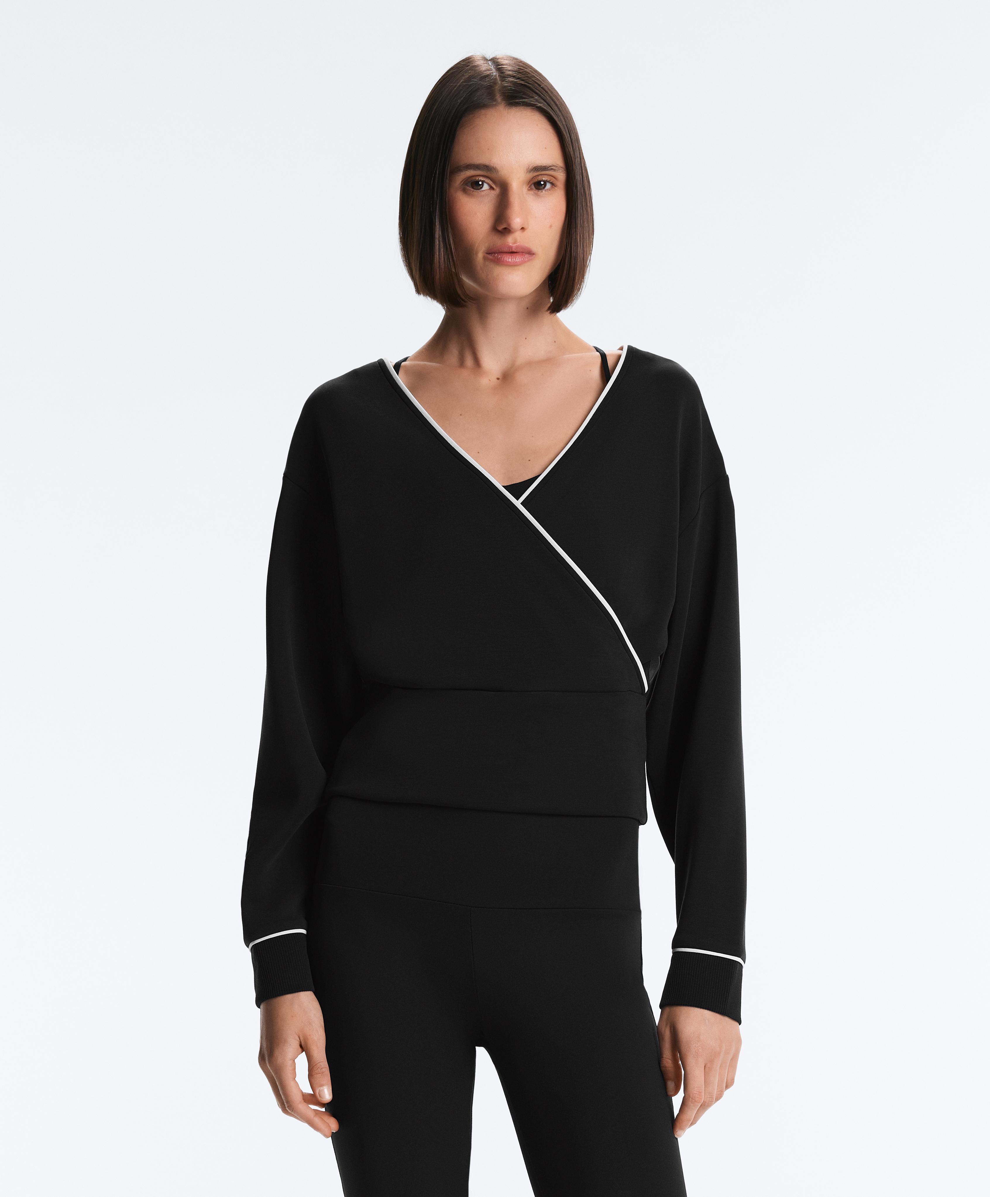 Wrap sweatshirt with contrast piping and modal — BLACK