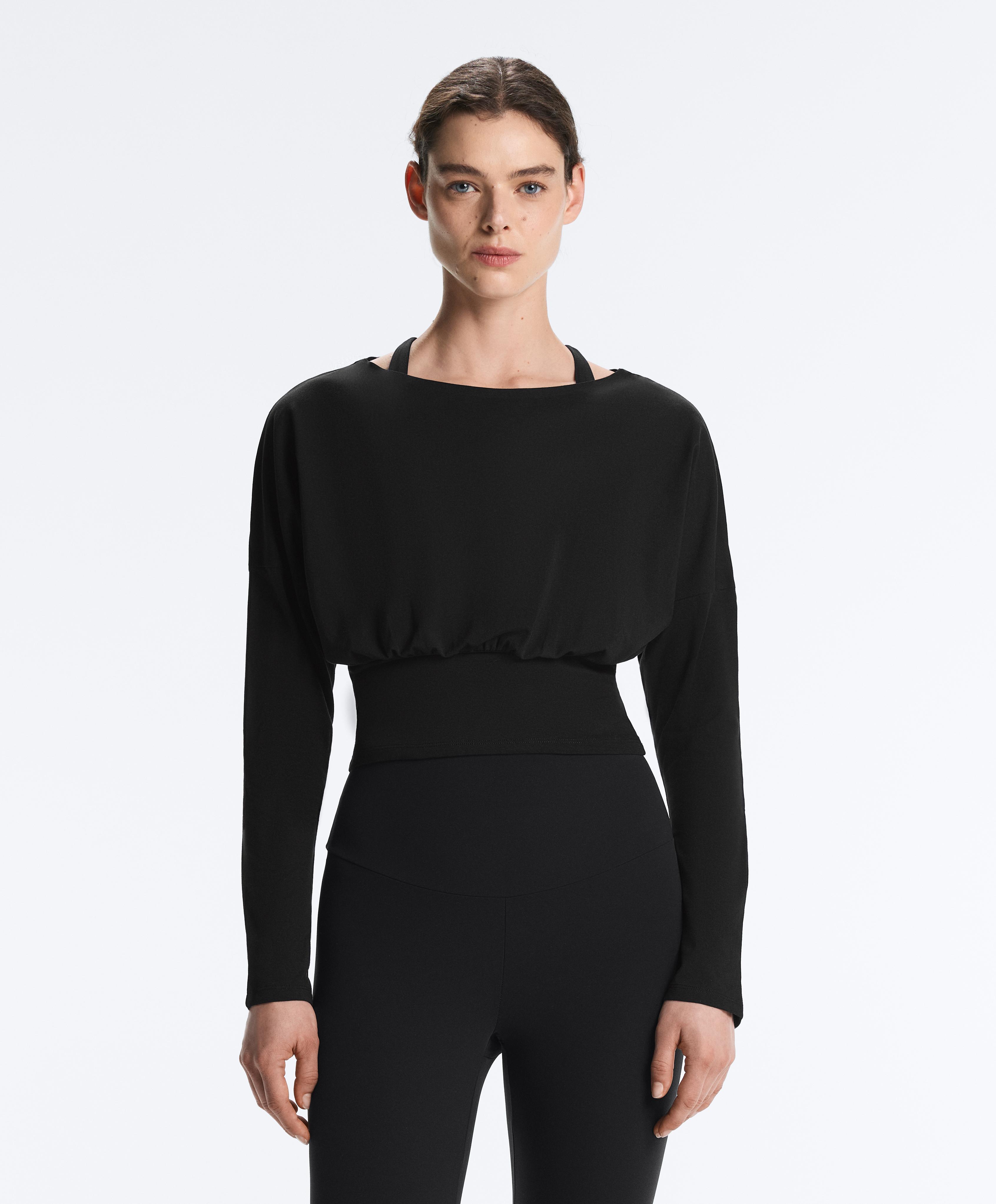 Fitted waist cotton blend T-shirt — BLACK
