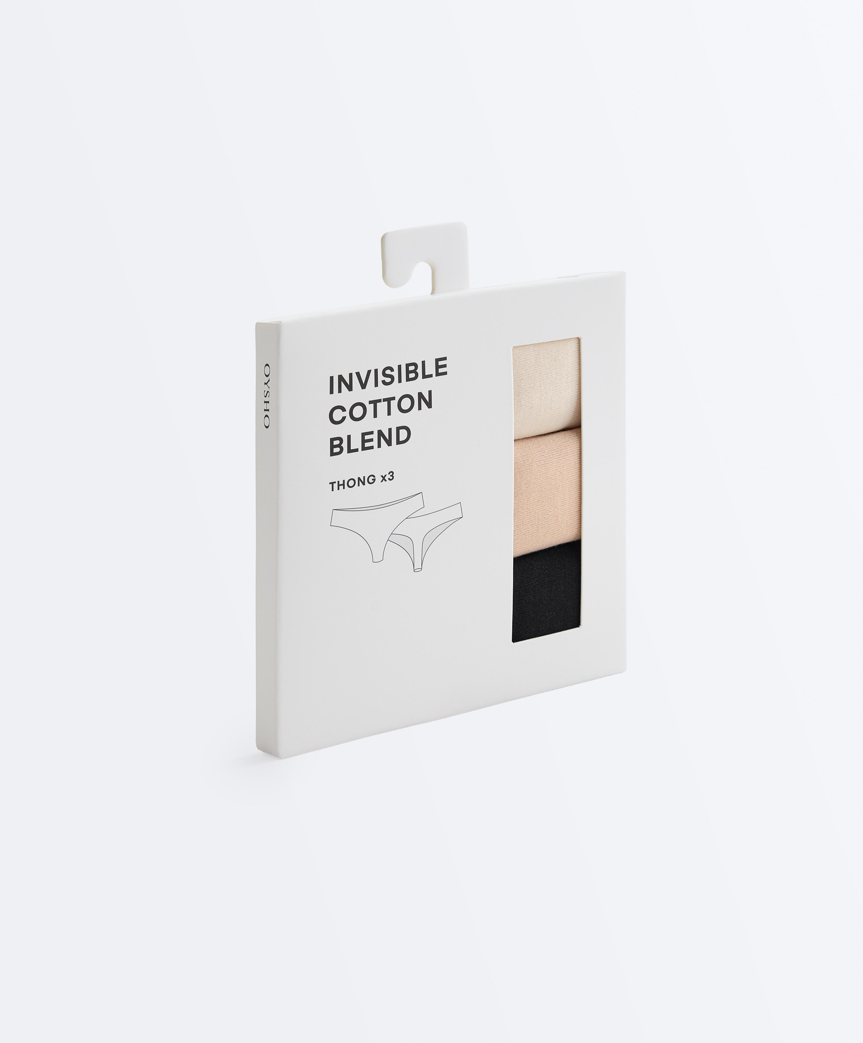 3 invisible laser-cut cotton blend thongs — BEIGE