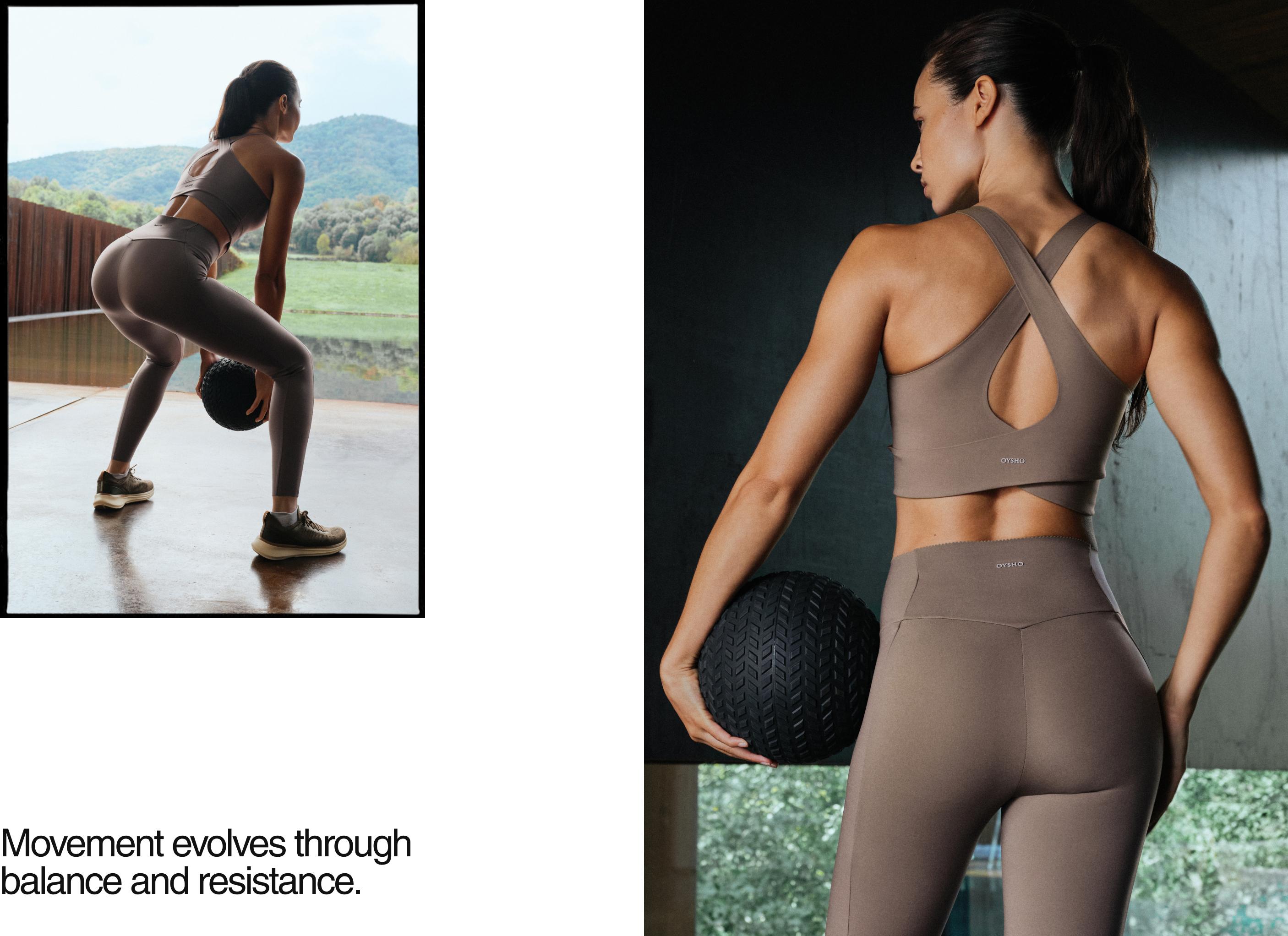 Taupe sports bra set with a strappy open back and high-waisted leggings with visible seams.