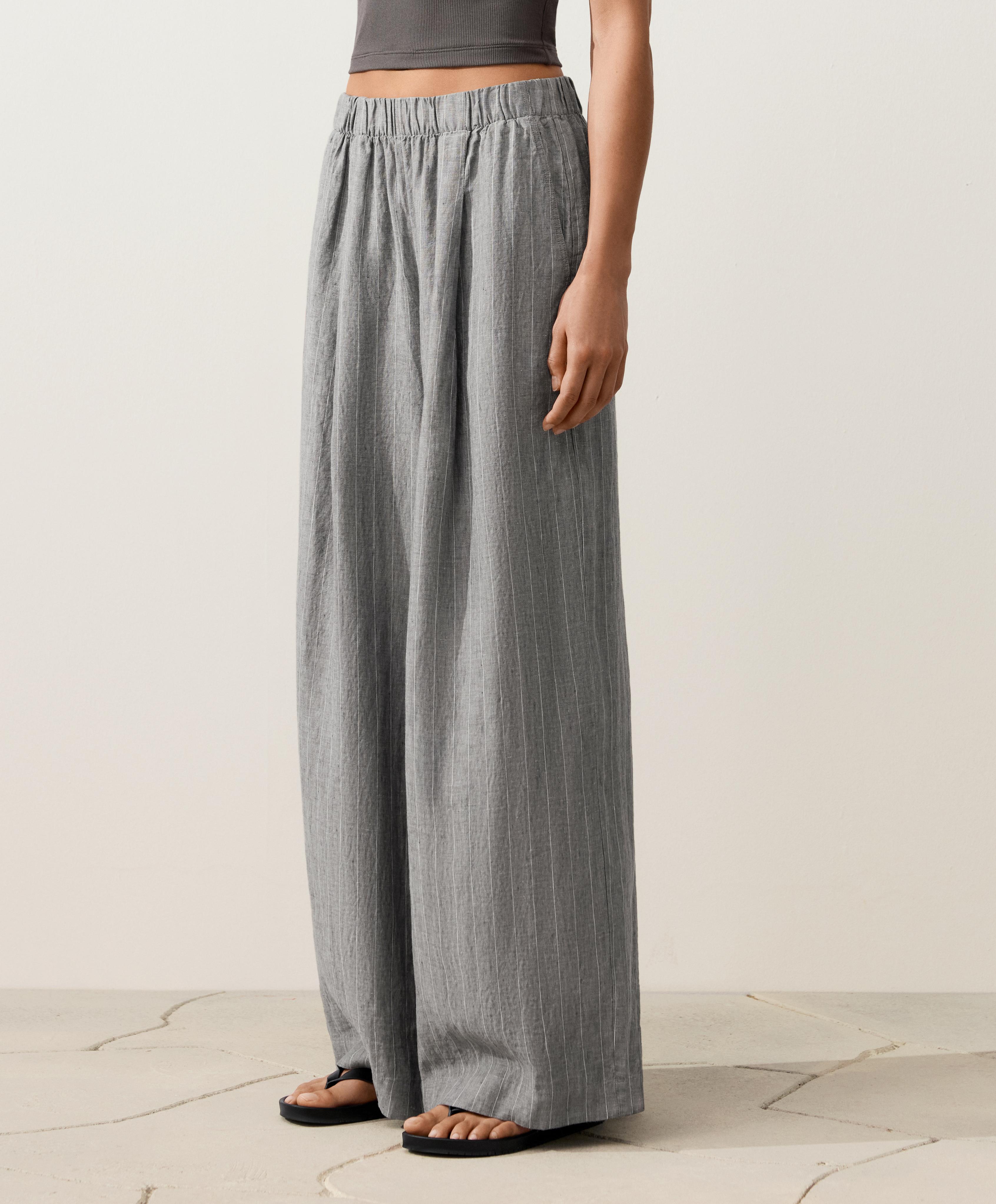 100% linen wide-leg striped trousers — MID GREY