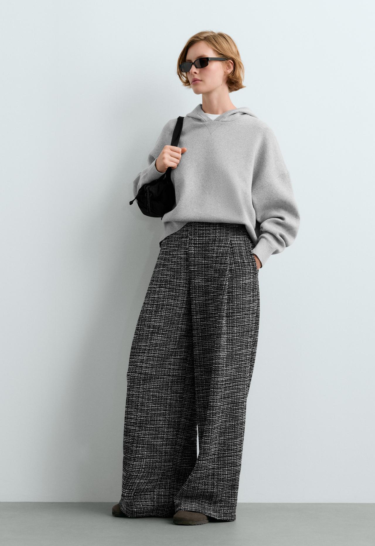 Wide leg Rib mix trousers — BLACK