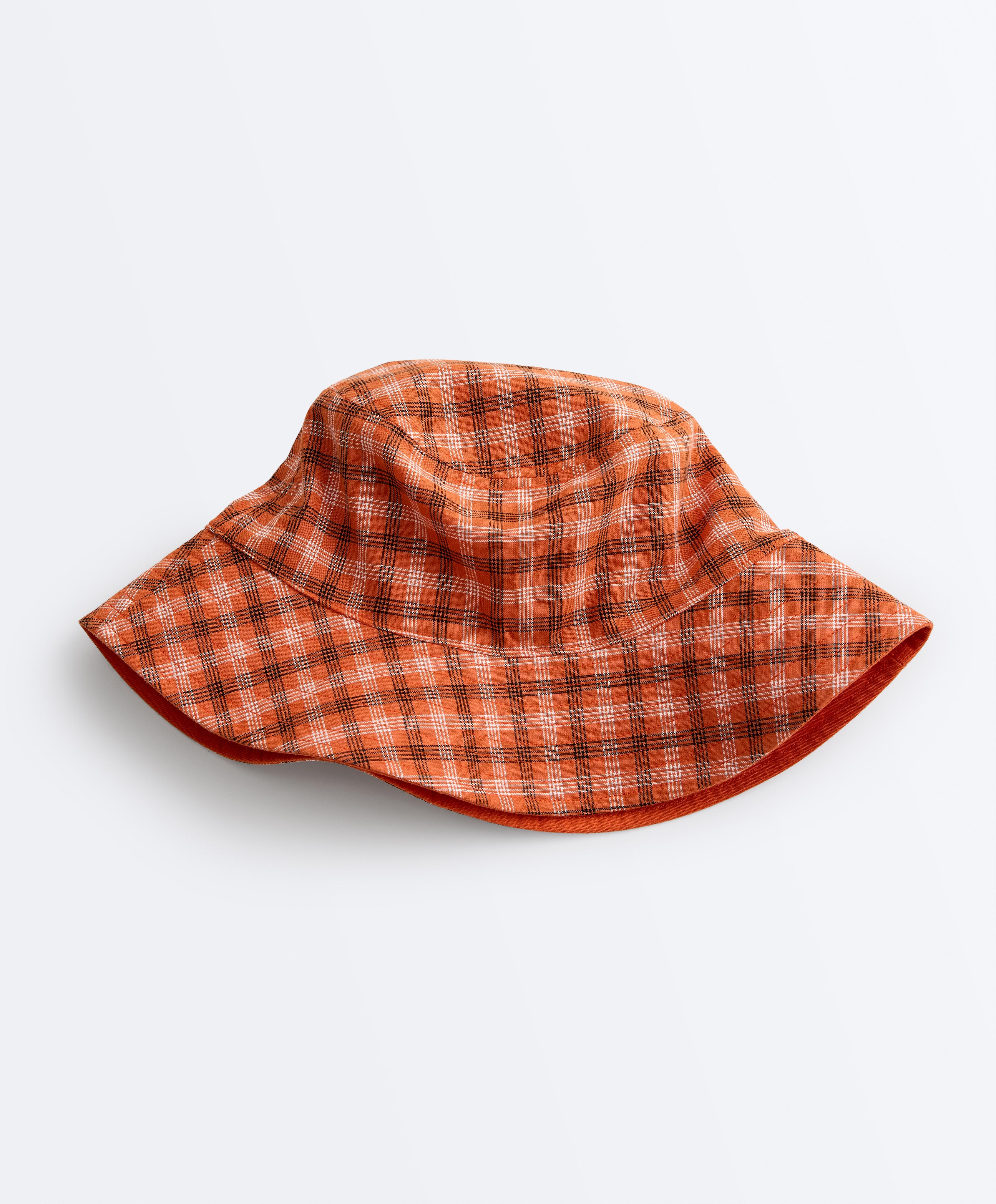 Reversible cotton blend check bucket hat — BRIGHT ORANGE