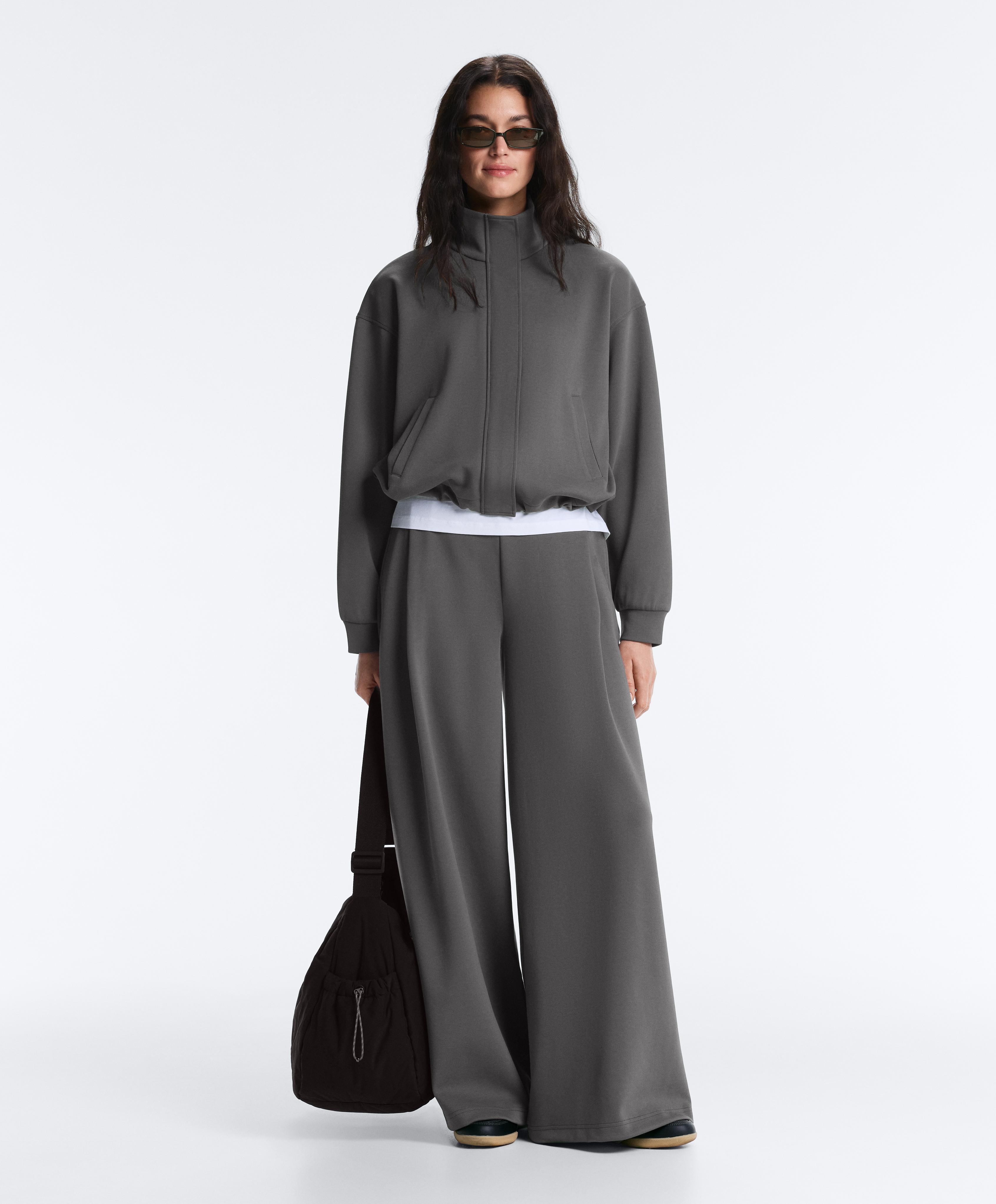 High rise wide-leg piqué cotton trousers — ASPHALT GREY