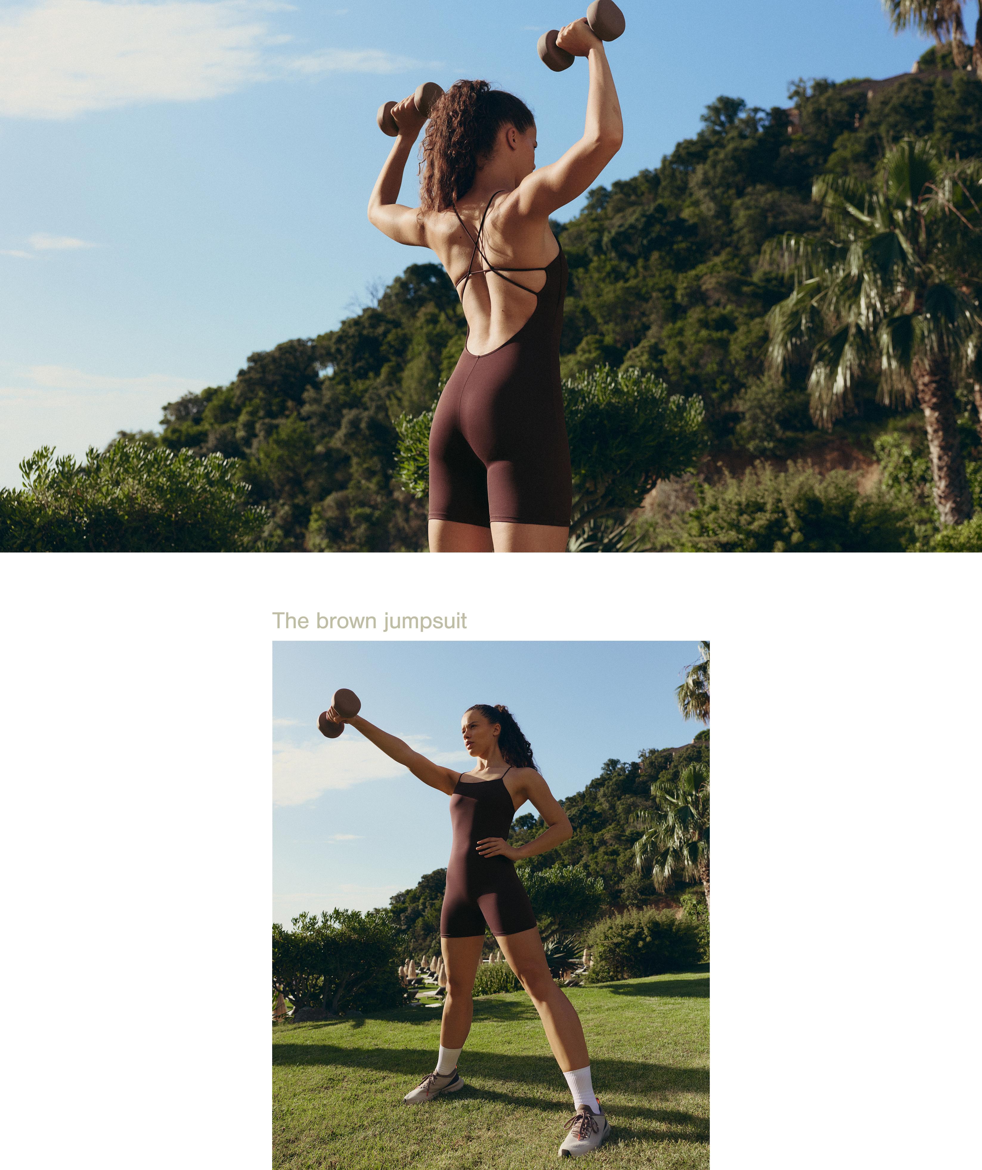 Comfortlux strappy back short jumpsuit — CHOCOLATE