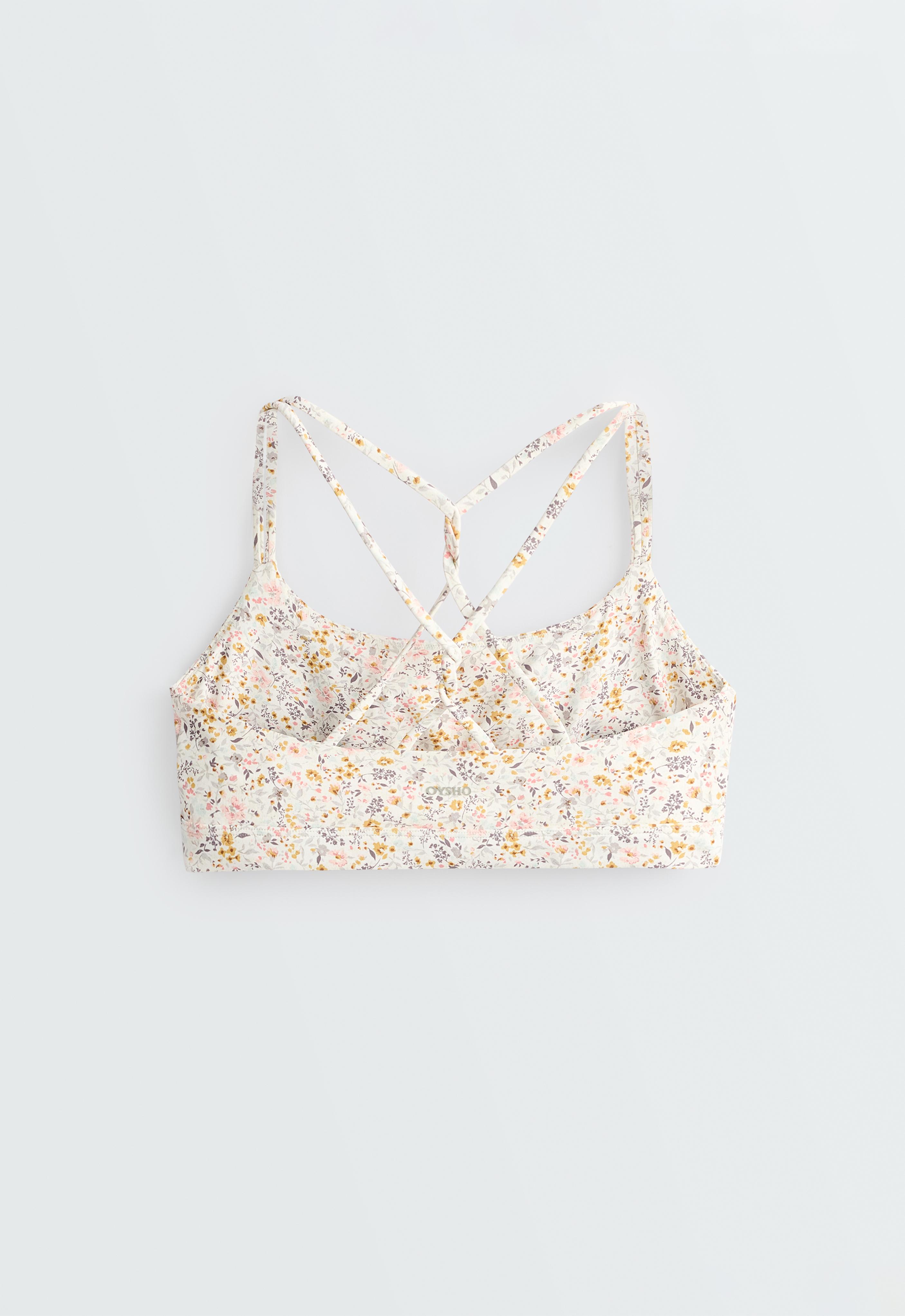 Floral print medium-support Comfortlux sports bra — PALE ECRU