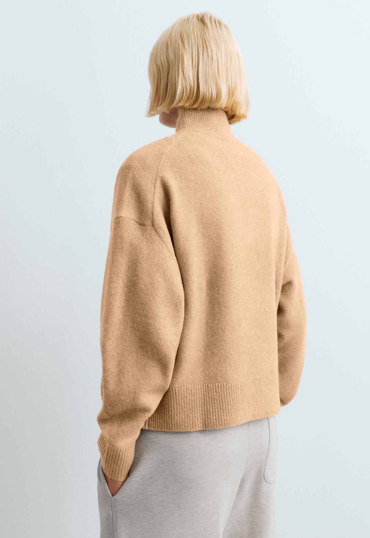 High-neck knit jumper with half-zip — CAMEL