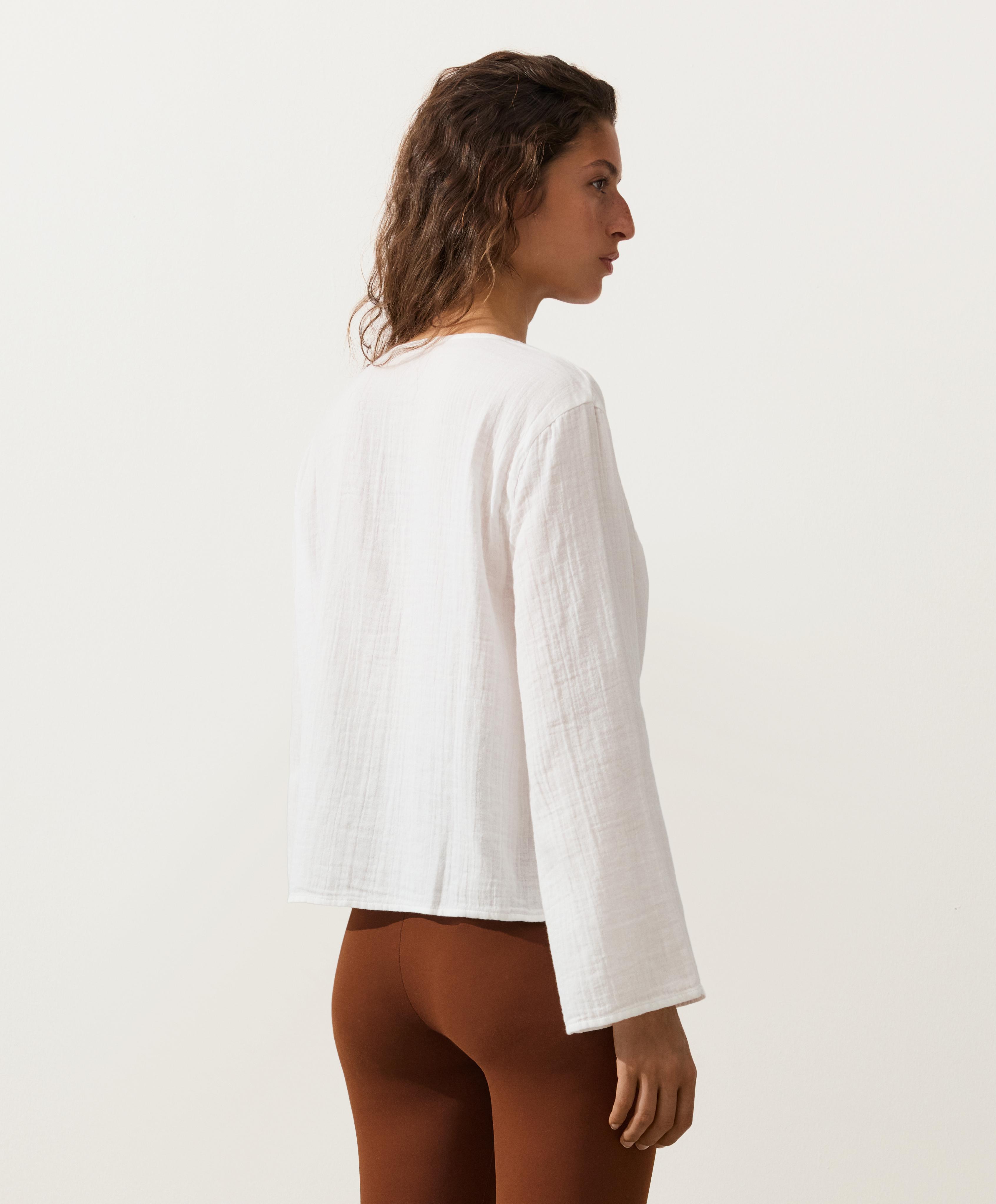 100% cotton gauze long-sleeved tie-front shirt — WHITE