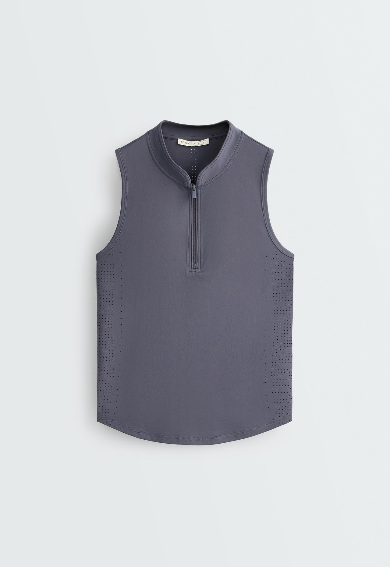 Technical sleeveless T-shirt with half zip — BLUE-GREY