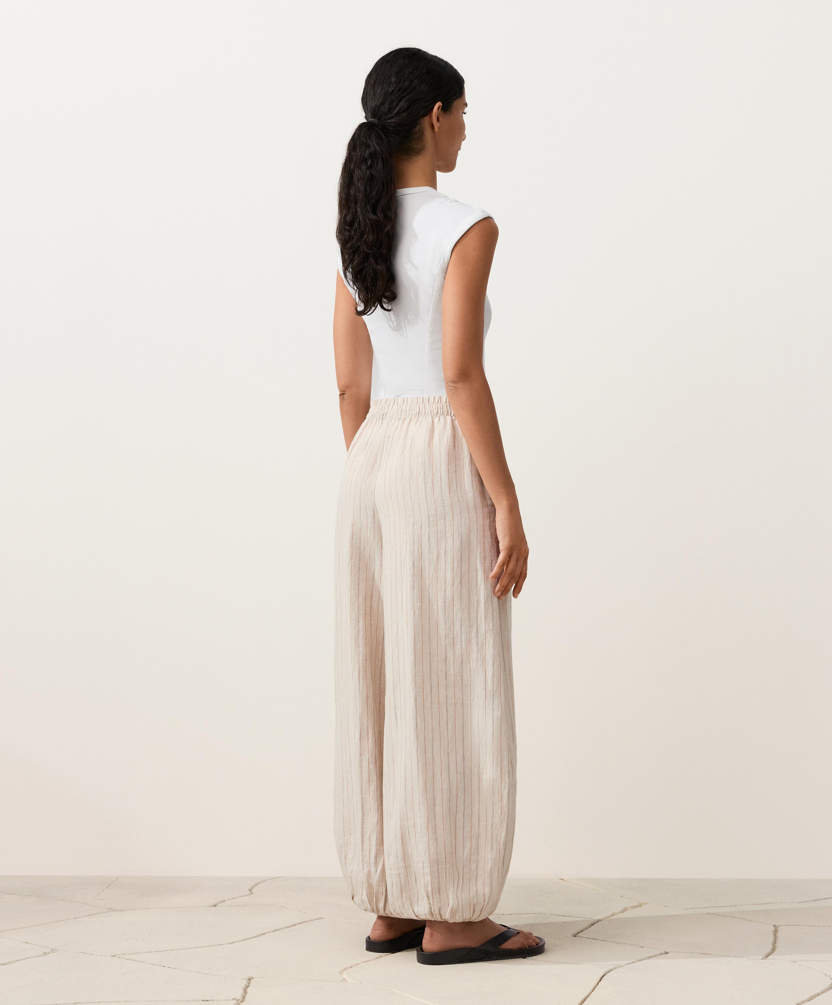 100% linen striped bloomer trousers — SAND MELANGE