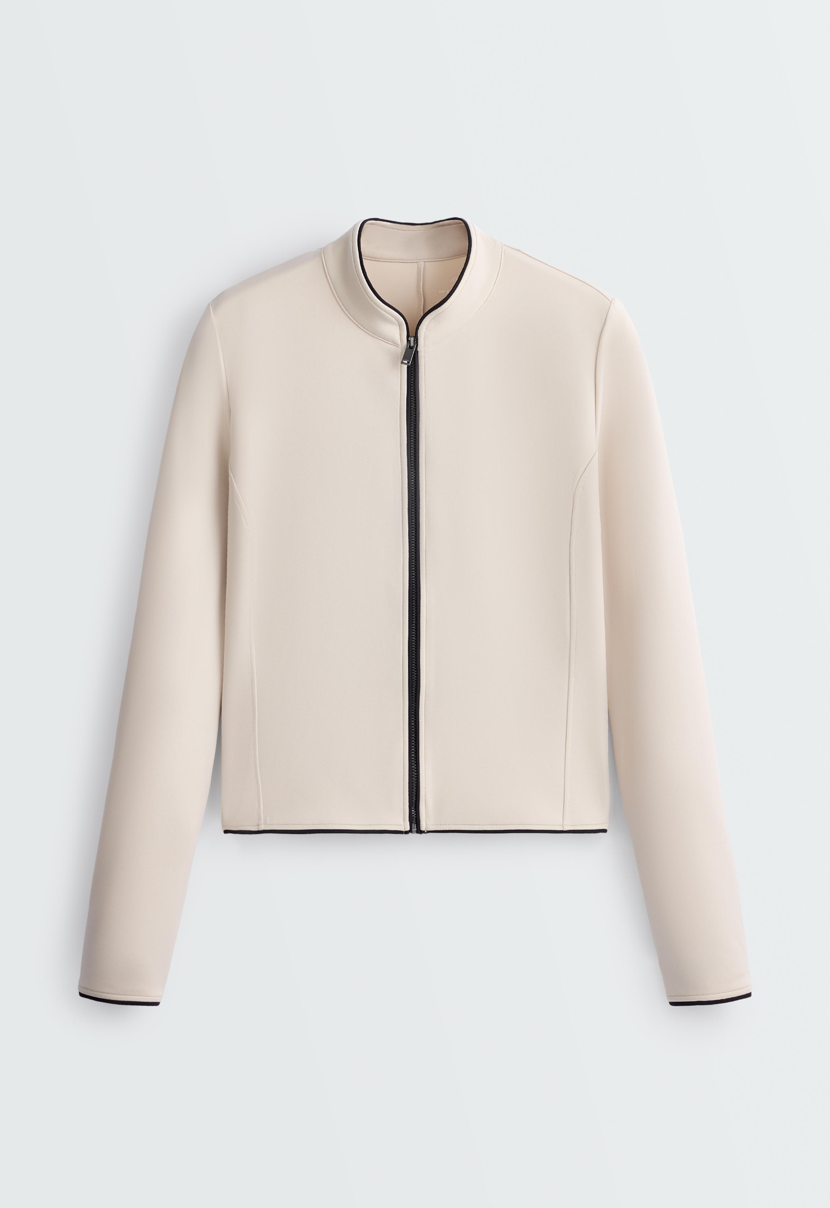 Neoprene-effect jacket with mandarin collar and piping — OATMEAL