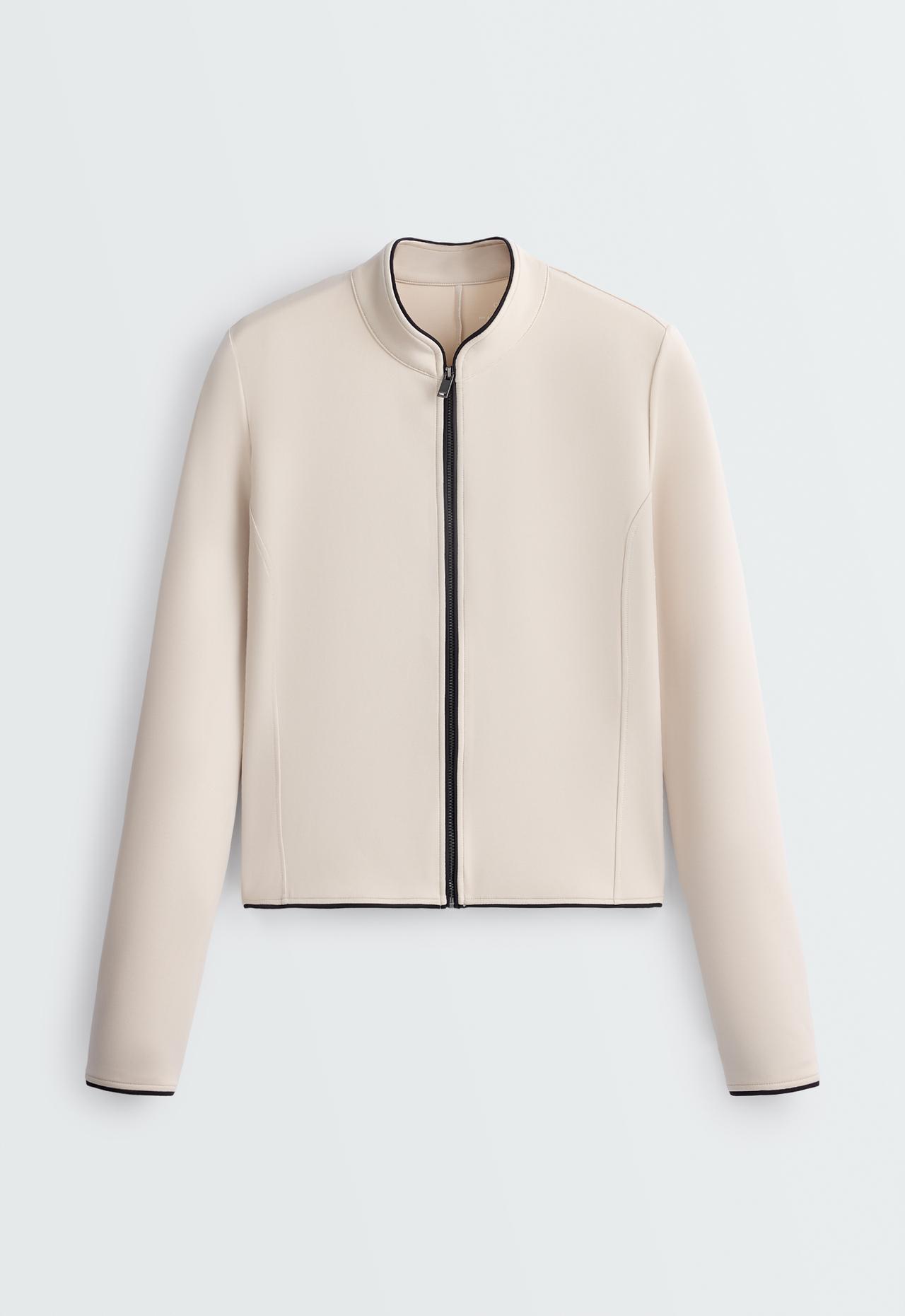 Neoprene-effect jacket with mandarin collar and piping — OATMEAL