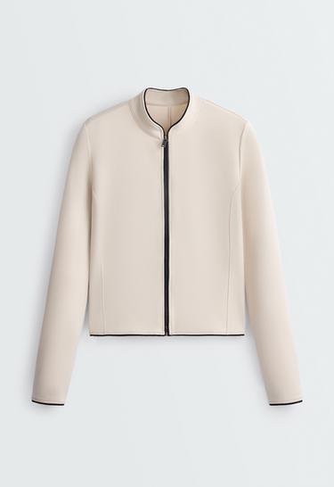 Neoprene-effect jacket with mandarin collar and piping — OATMEAL 7