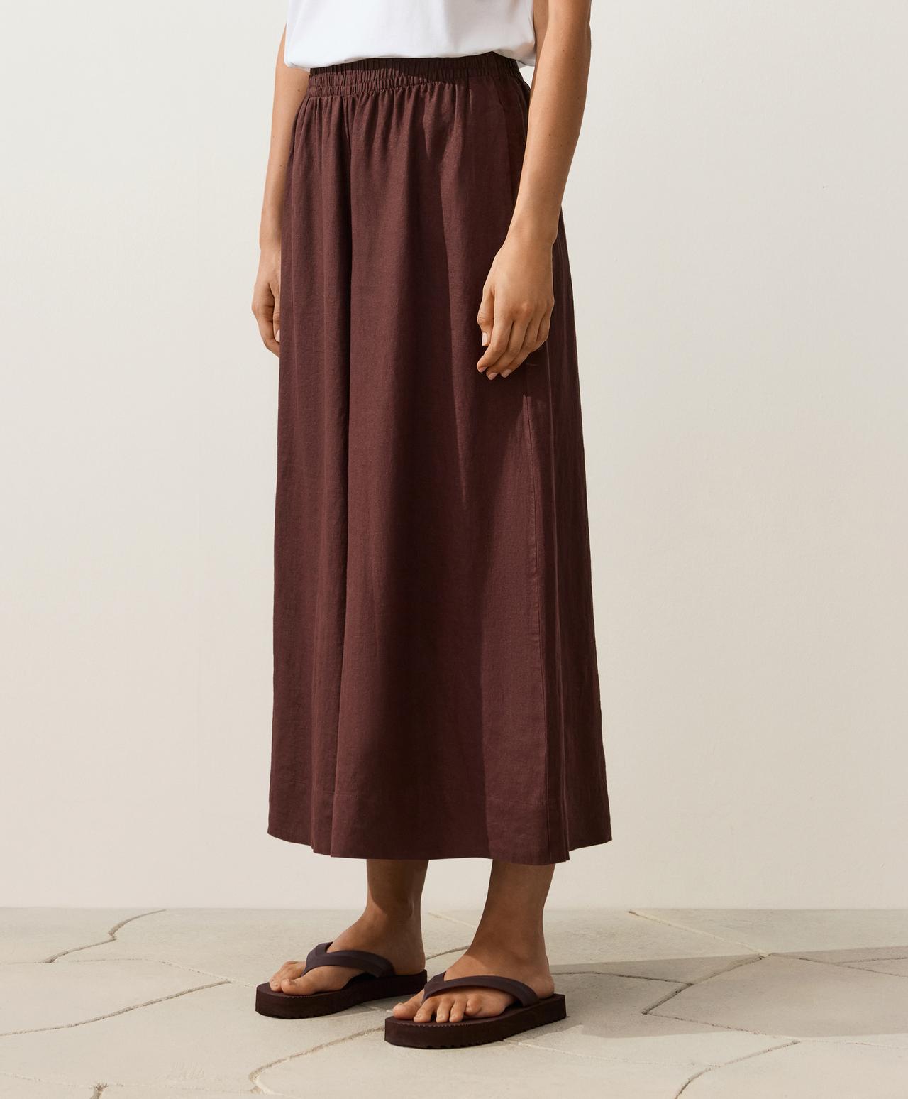 100% linen super wide-leg cropped trousers — CHOCOLATE